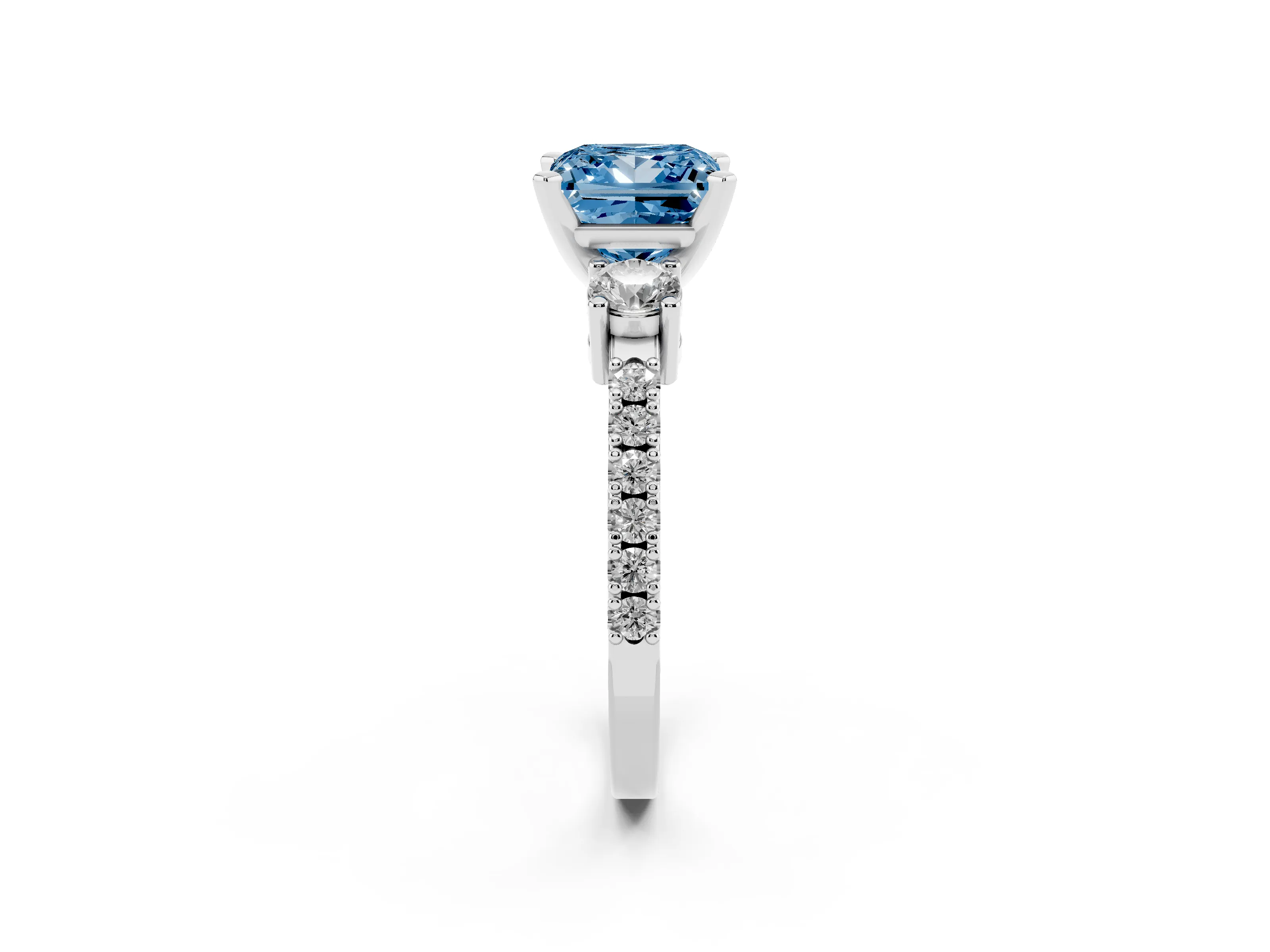 Fancy Blue Three-Stone Princess Cut Diamond Pavé Band Ring Set in Silver with Prong Setting