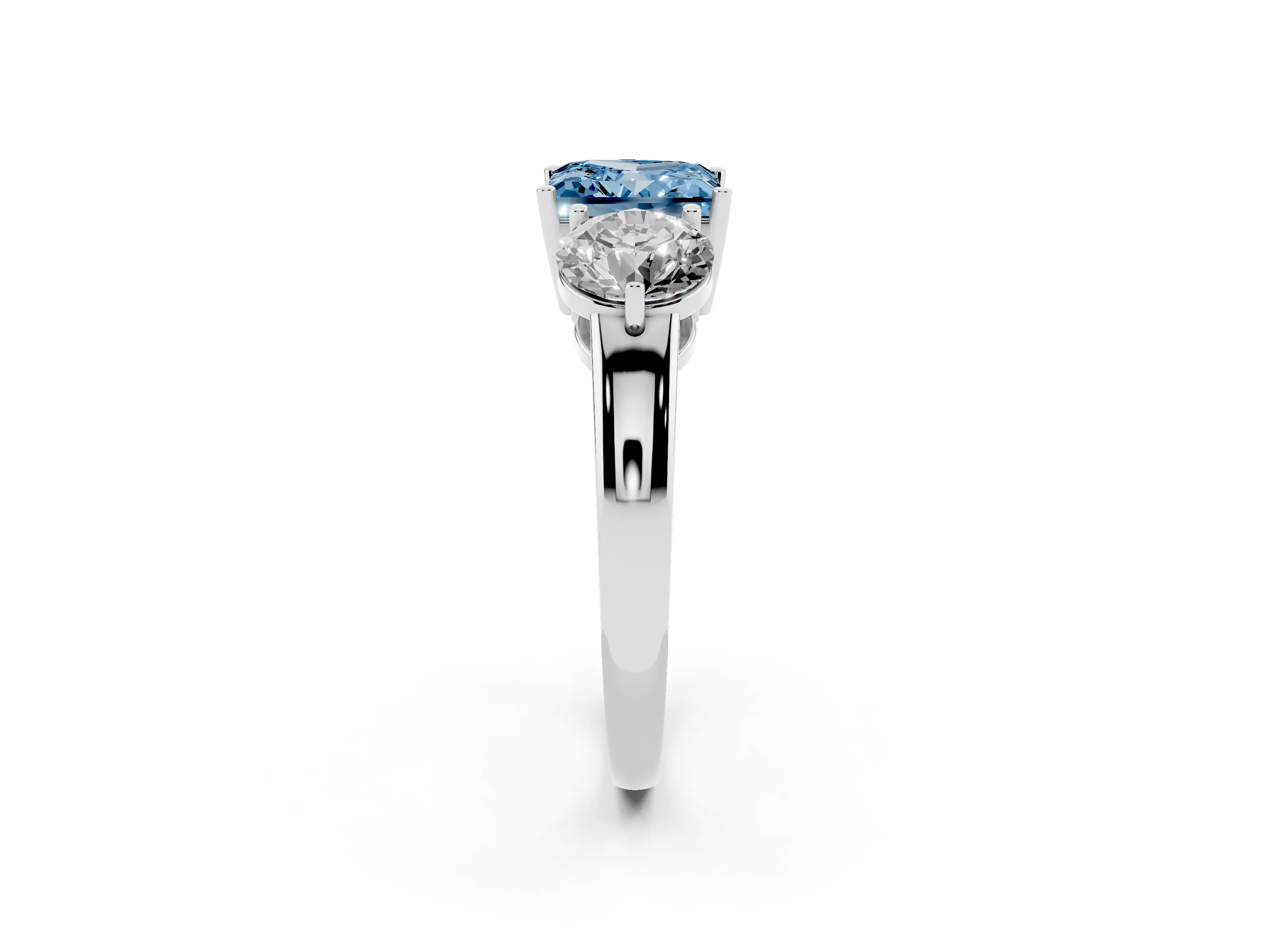 Fancy Blue Princess Cut Diamond Three-Stone Ring Set in White gold with Prong Setting and Plain Band