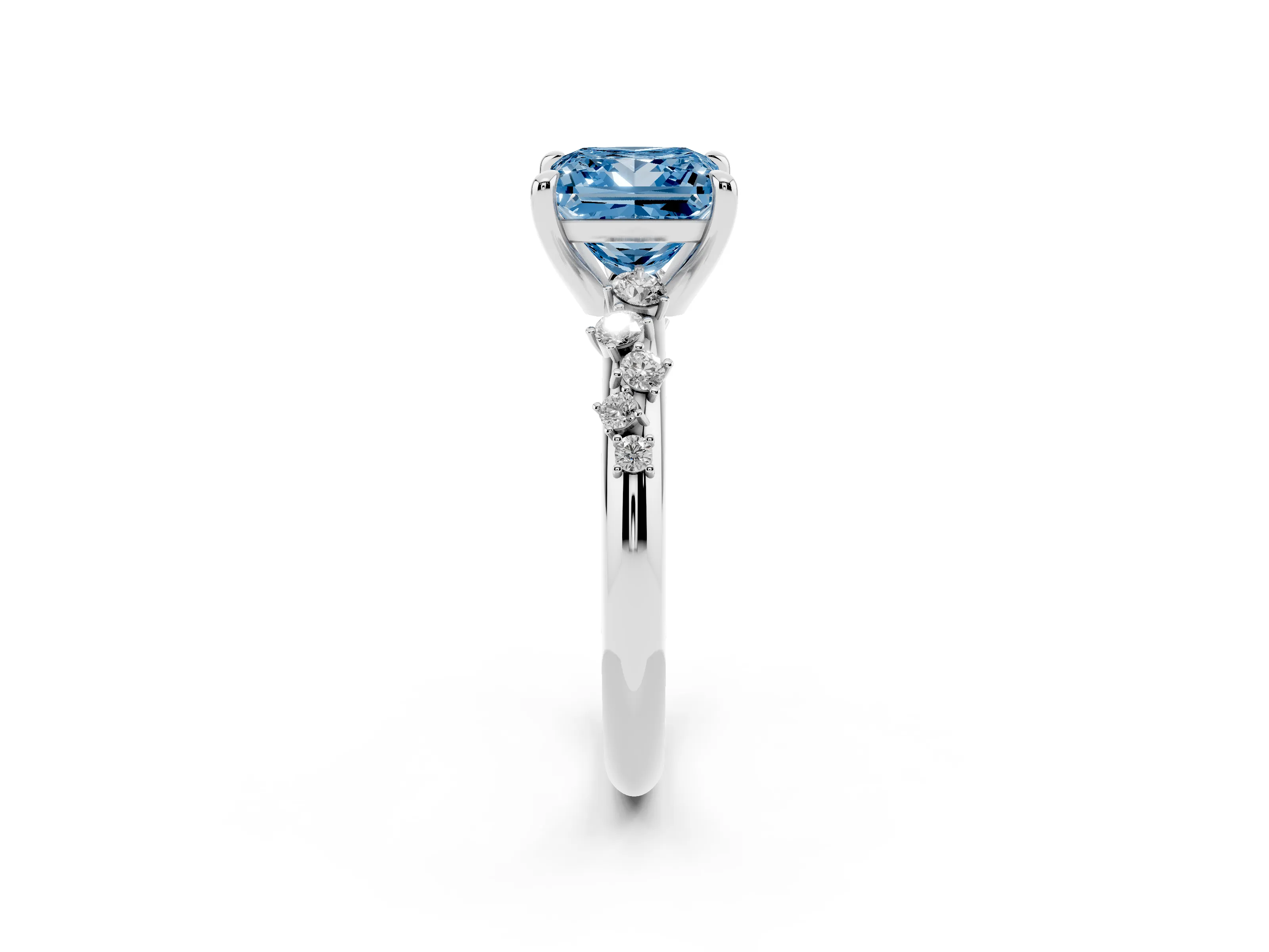 Fancy Blue Princess Cut Diamond Solitaire Vine Band Ring Set in Platinum with Round Accents and Prong Setting