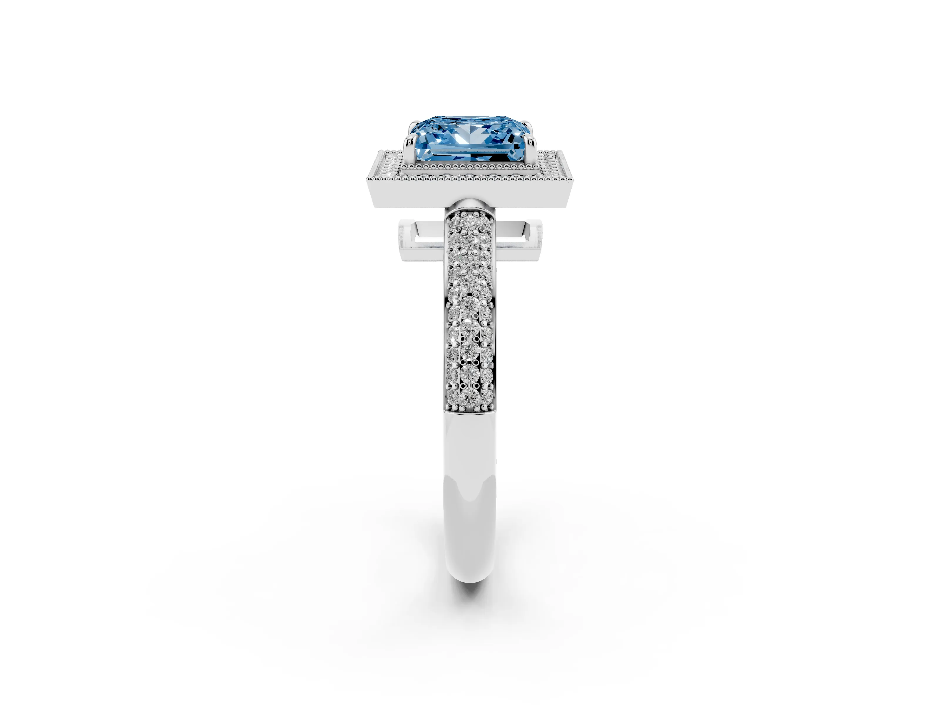 Fancy Blue Princess Cut Diamond Halo Pavé Band Set in White gold with Prong Setting
