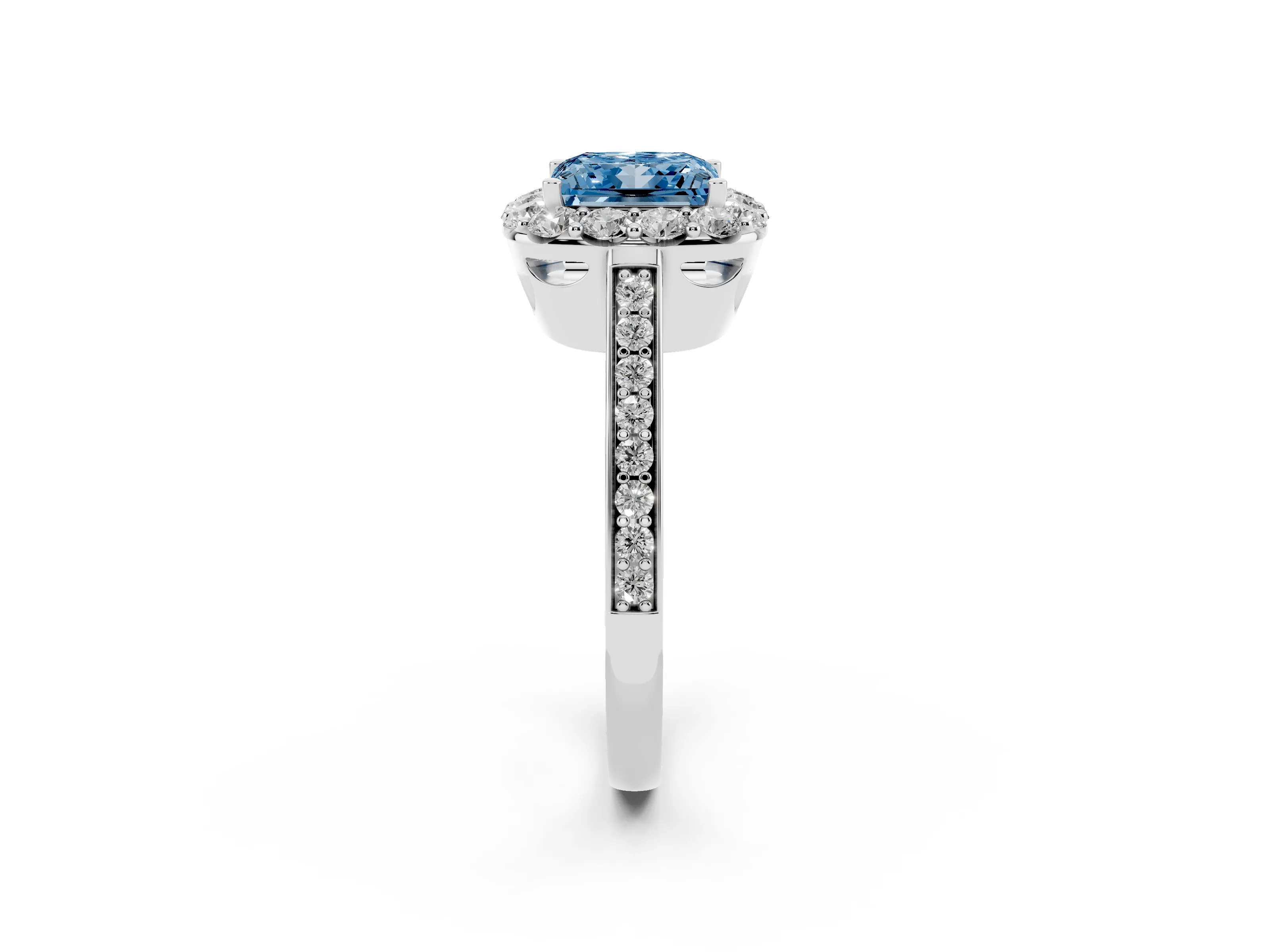 Fancy Blue Princess Cut Diamond Floral Halo Ring Set in Platinum with Pavé Band and Prong Setting