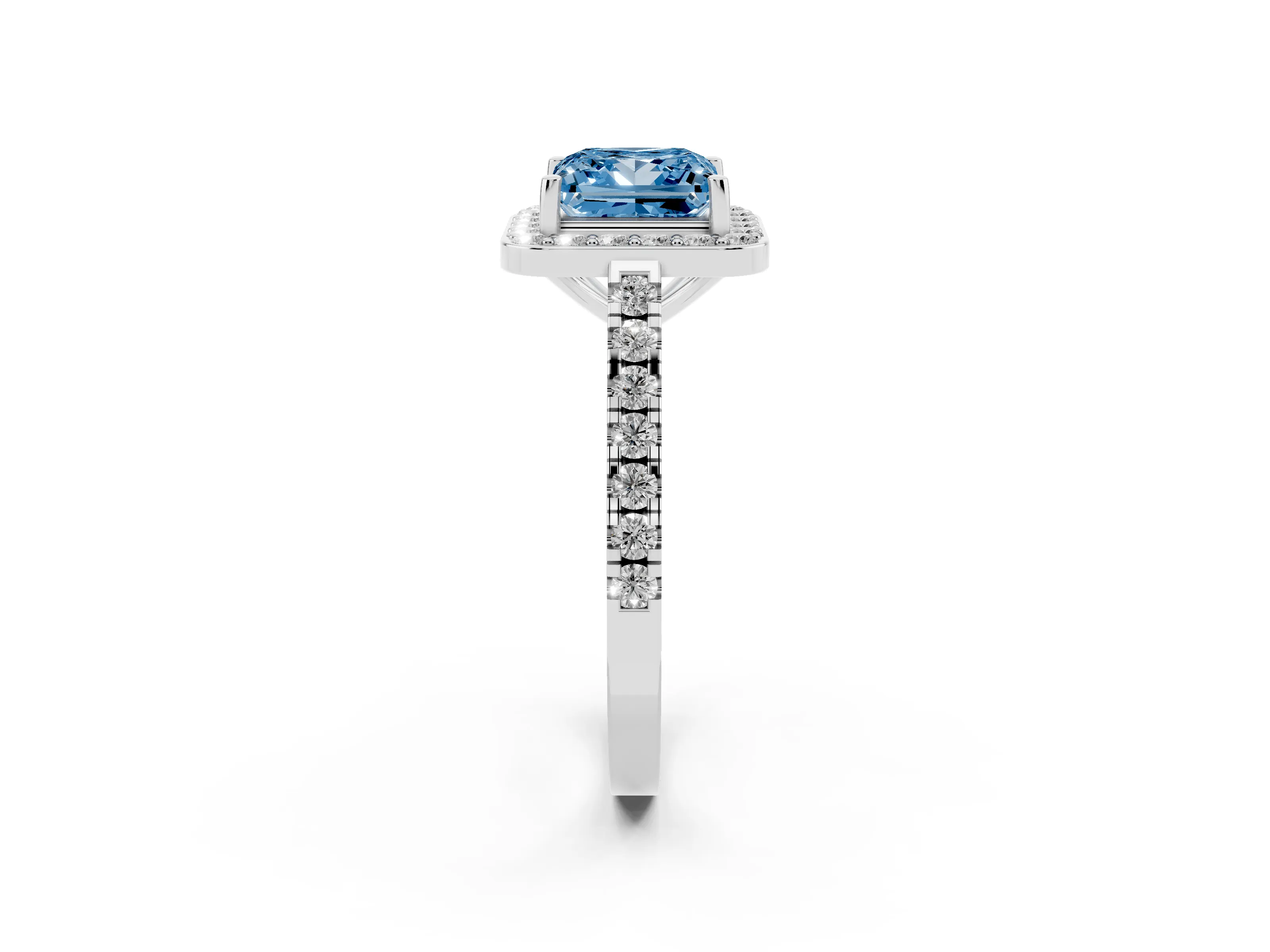 Fancy Blue Princess Cut Diamond Halo Ring Set in Platinum with Round Pavé Split Shank and Prong Setting
