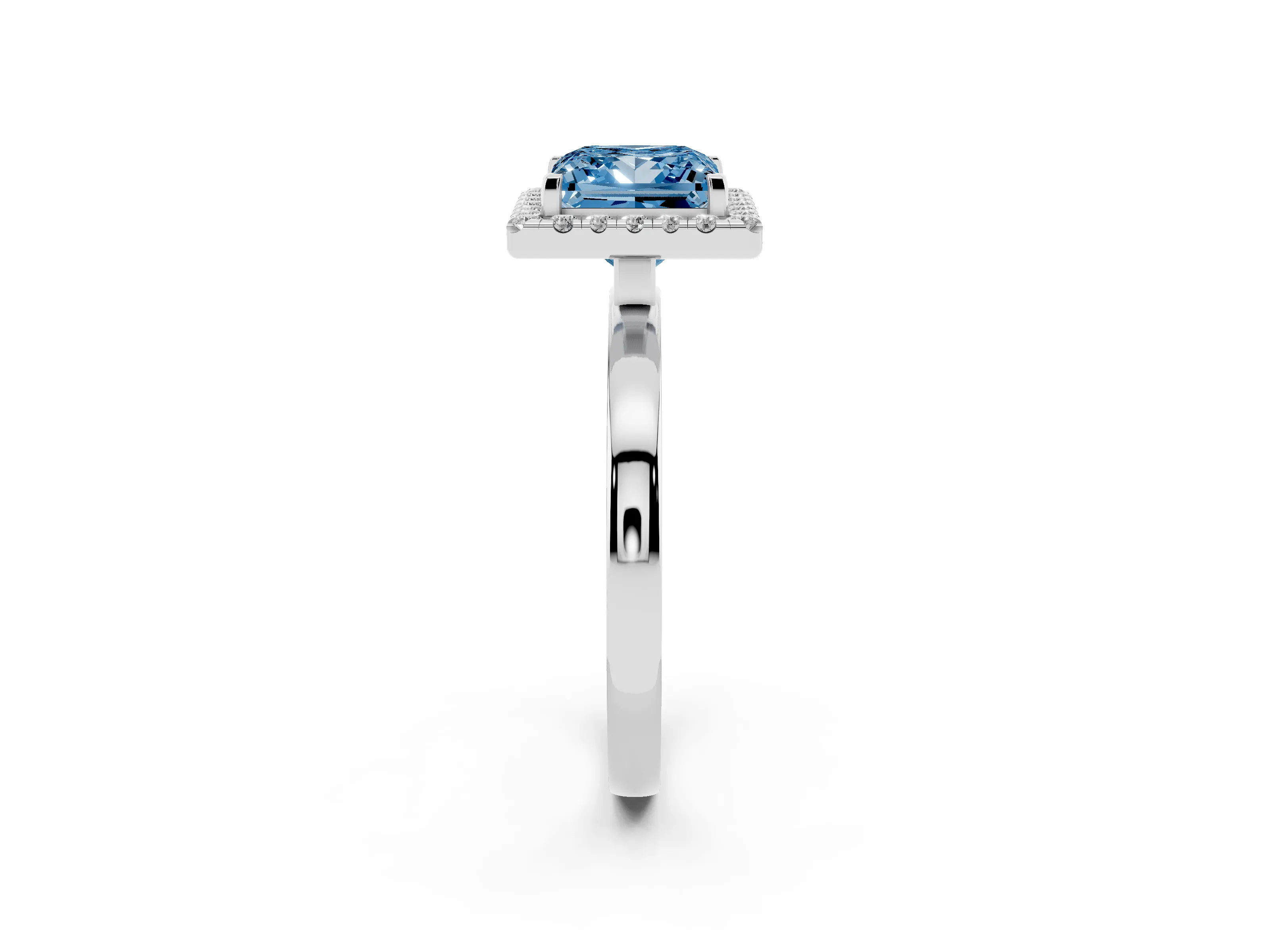 Fancy Blue Princess Cut Diamond Halo Solitaire Ring Set in White gold with Pavé Band and Prong Setting