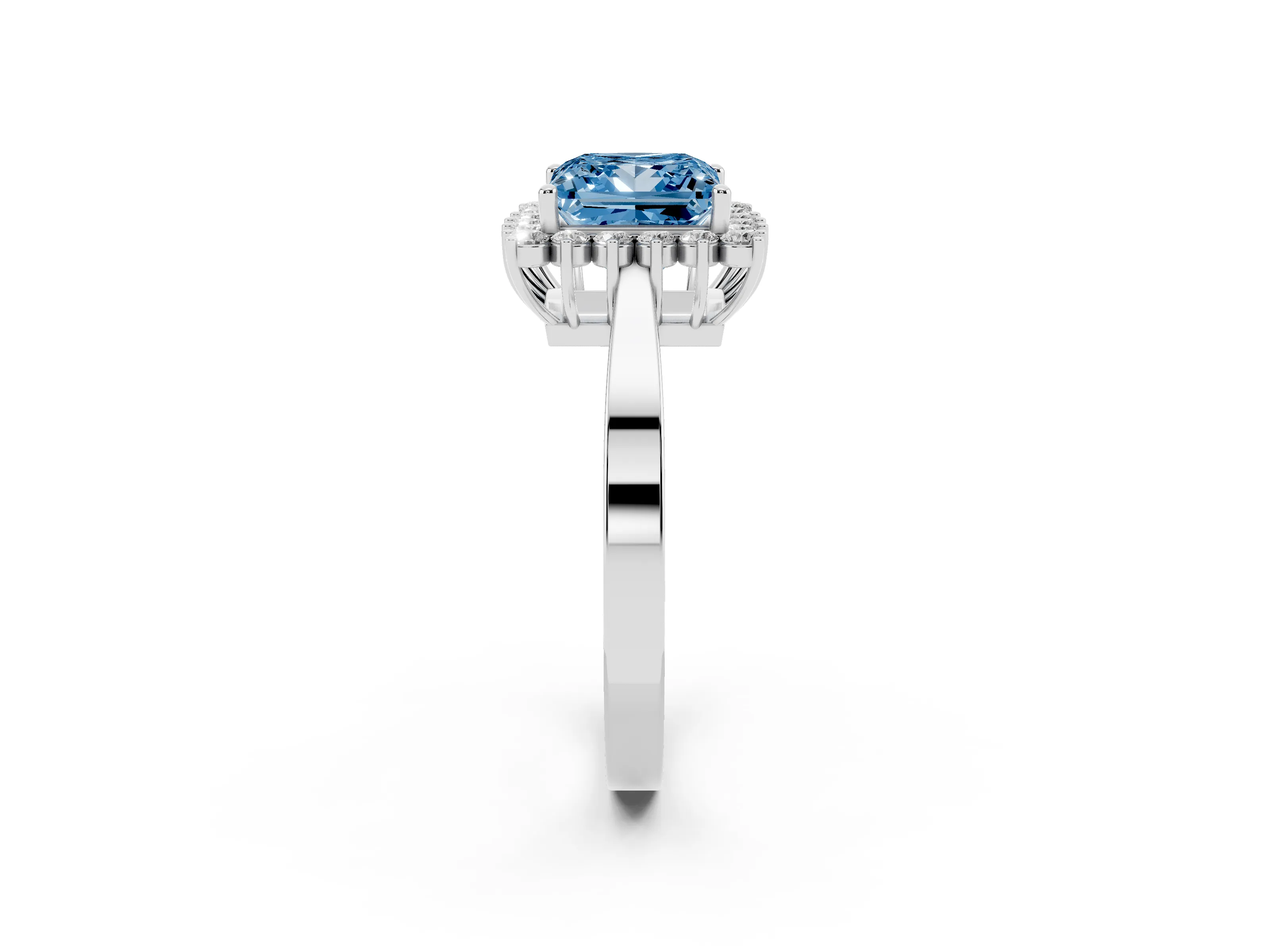 Fancy Blue Princess Cut Diamond Halo Ring Set in Platinum with Round Halo and Smooth Solitaire Band