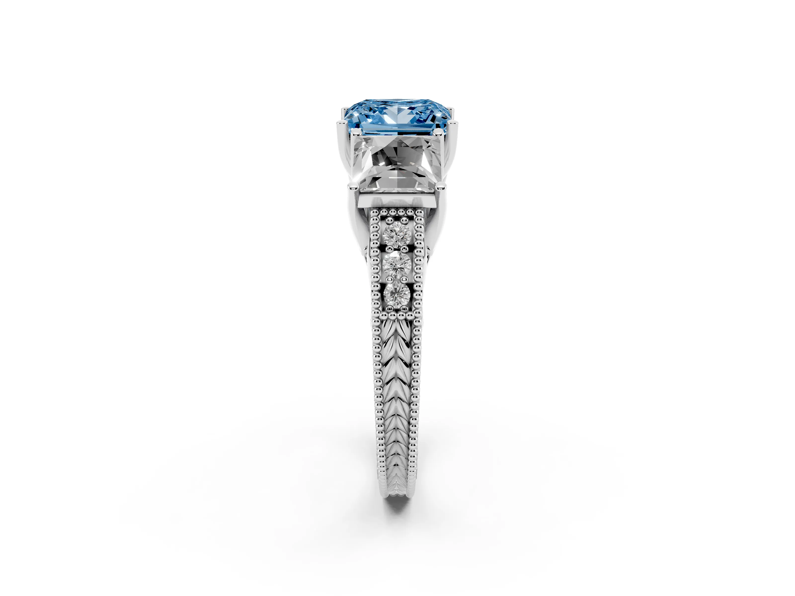 Fancy Blue Princess Cut Diamond Three-Stone Engagement Ring Set in Platinum with Milgrain Pavé Band