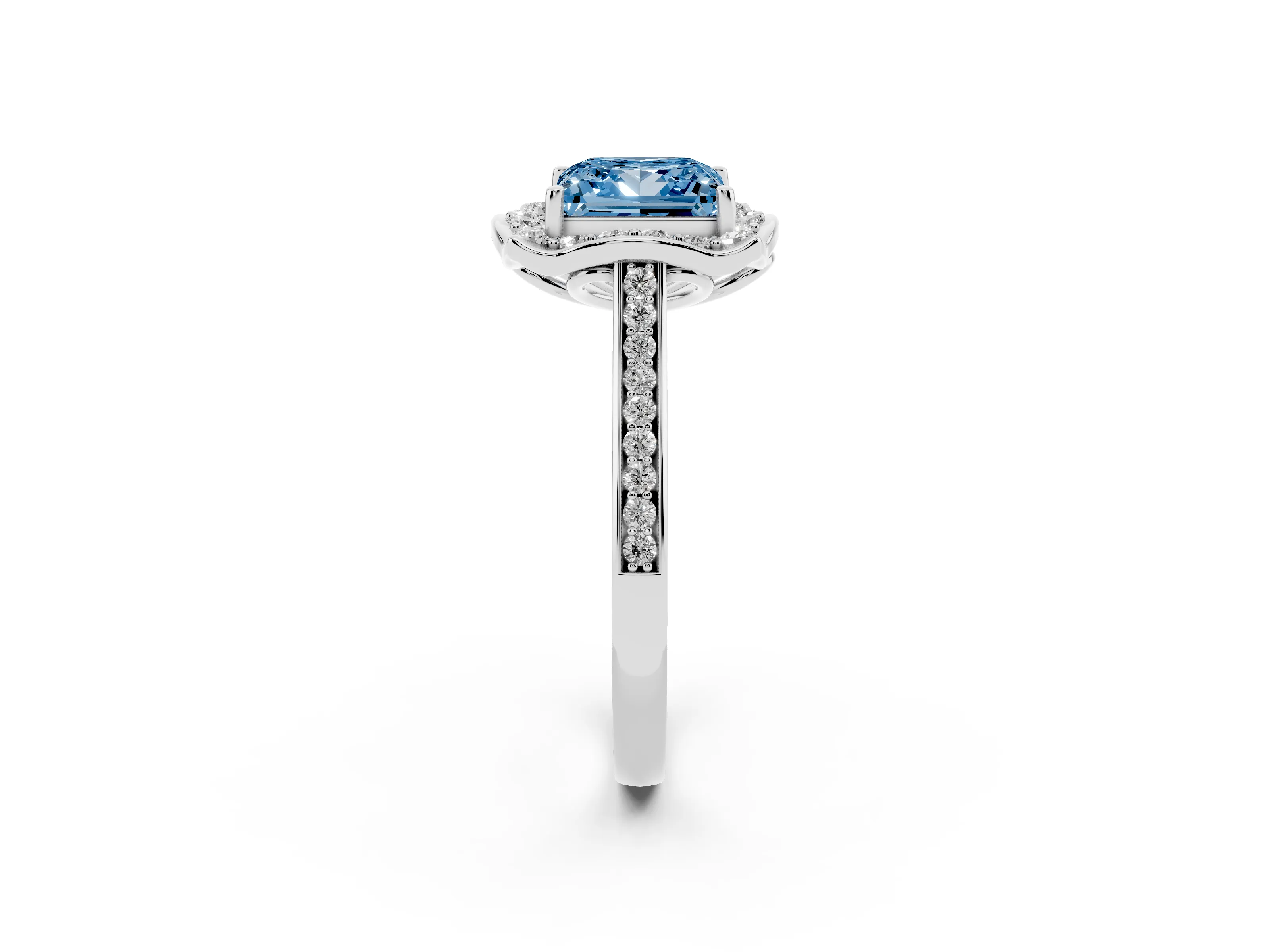 Fancy Blue Princess Cut Diamond Halo Ring Set in Silver with Pavé-Lined Shoulders and Prong Setting