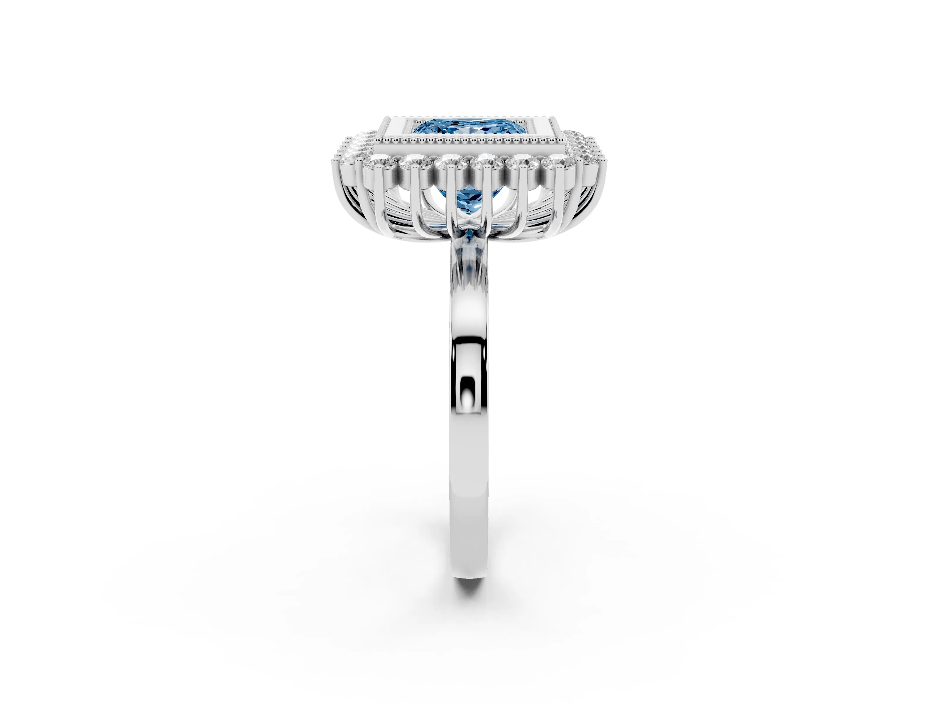 Fancy Blue Princess Cut Diamond Halo Ring Set in Silver with Milgrain Edge and Round Prong Setting
