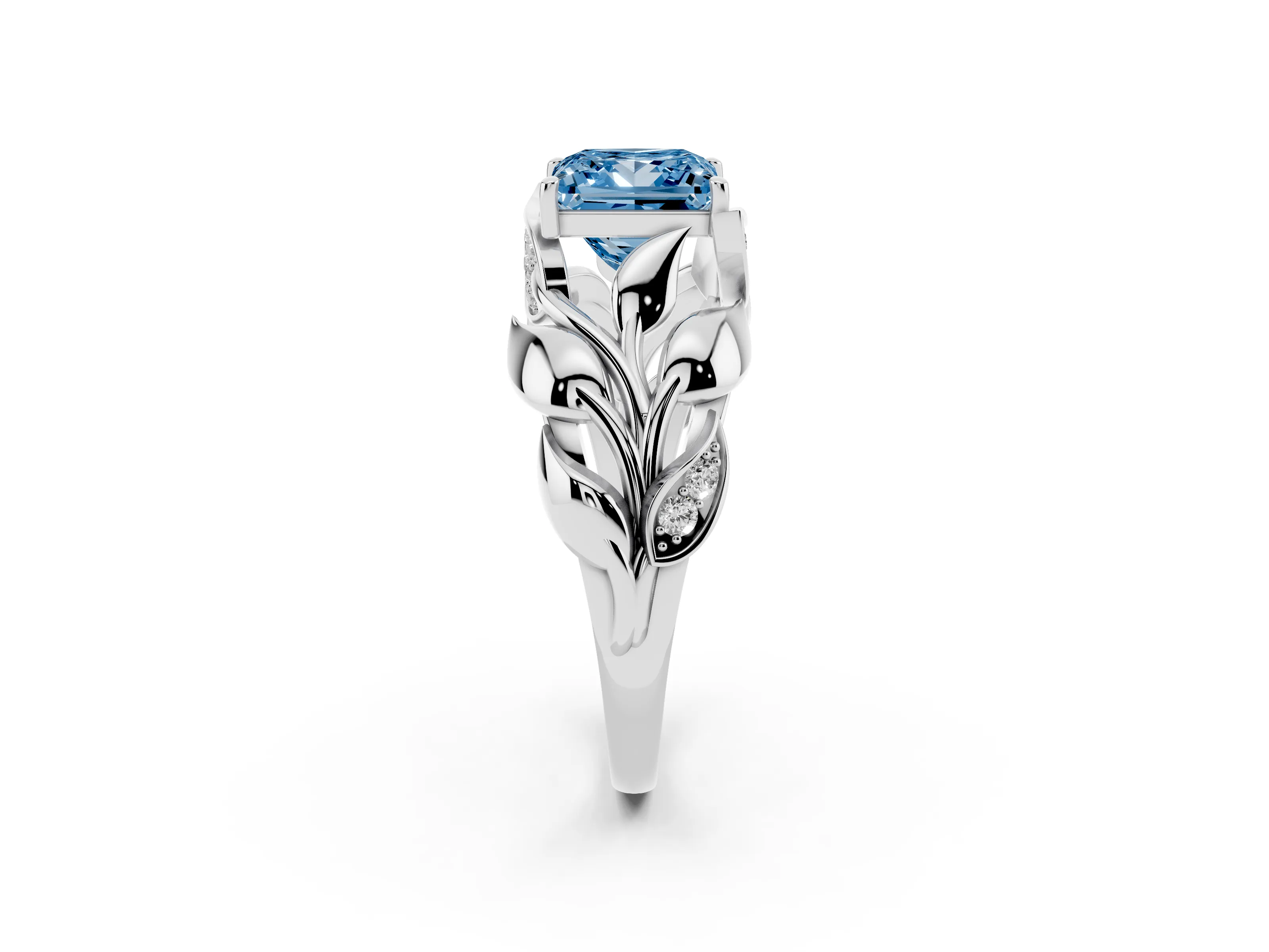 Fancy Blue Princess Cut Diamond Leaf-Inspired Engagement Ring Set in White gold with Round Accents
