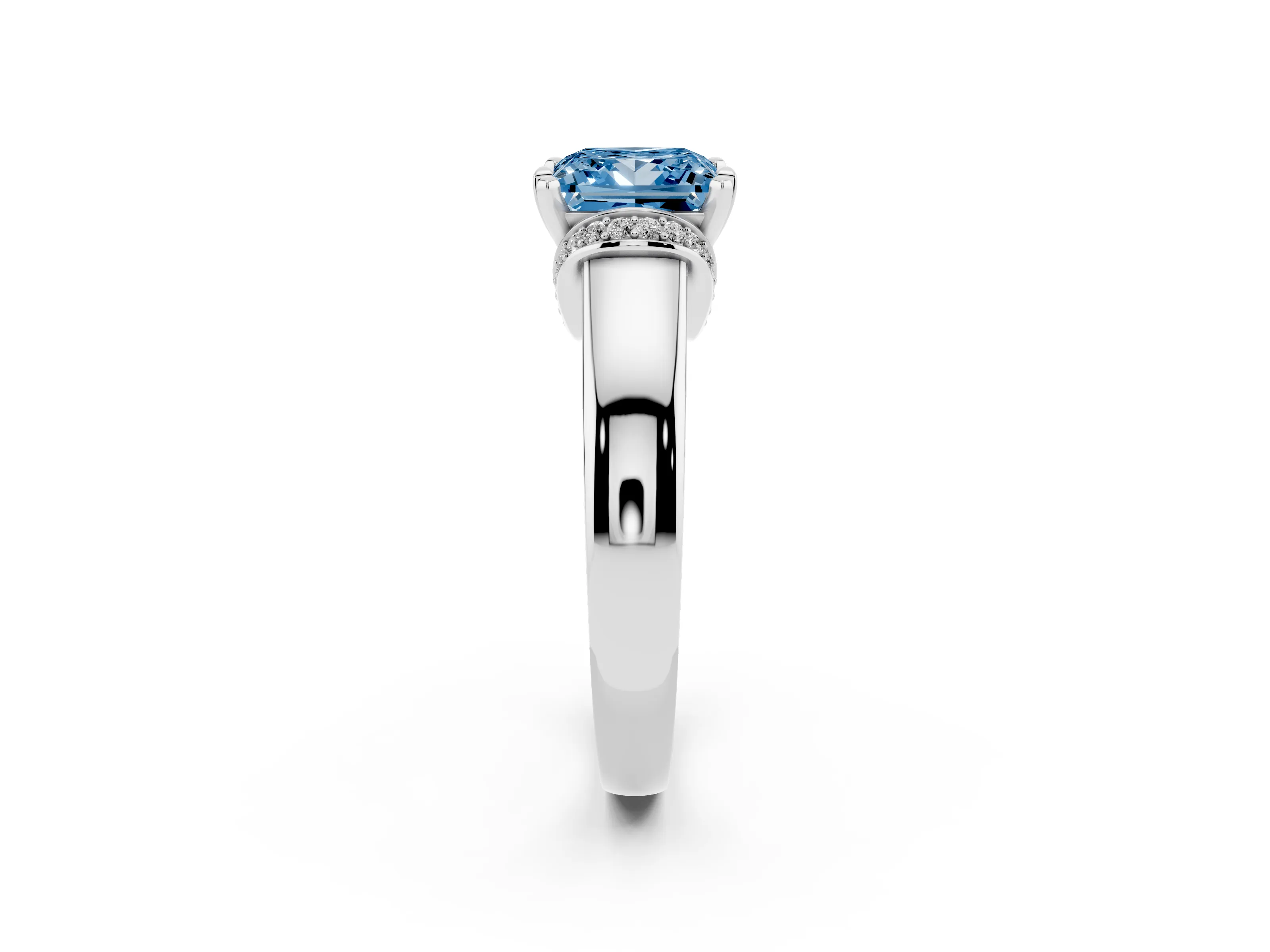 Fancy Blue Princess Cut Diamond Pavé Band Solitaire Ring Set in Silver with Prong Setting