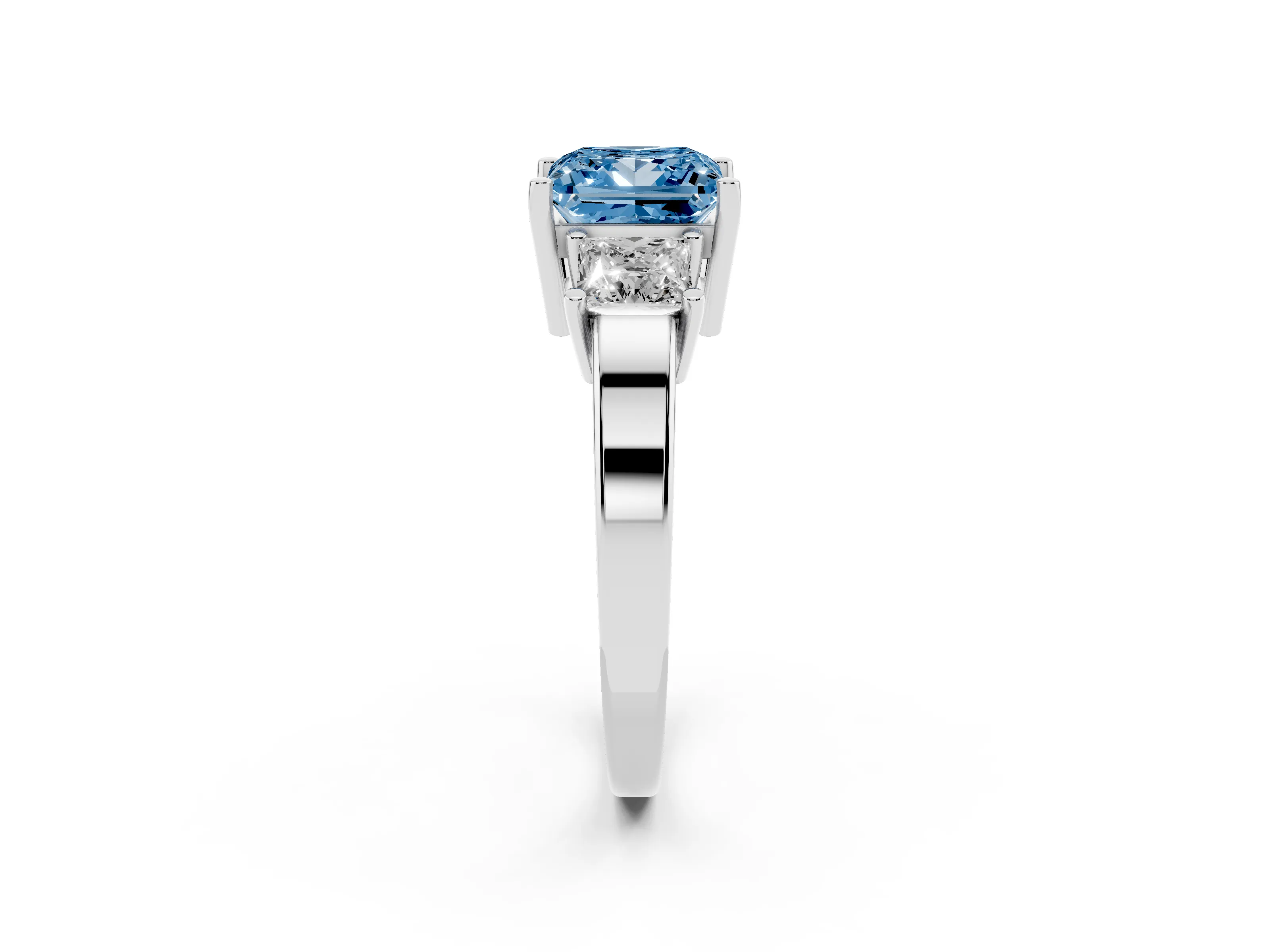 Fancy Blue Three-Stone Princess Cut Diamond Solitaire Ring Set in Platinum with Prong Setting