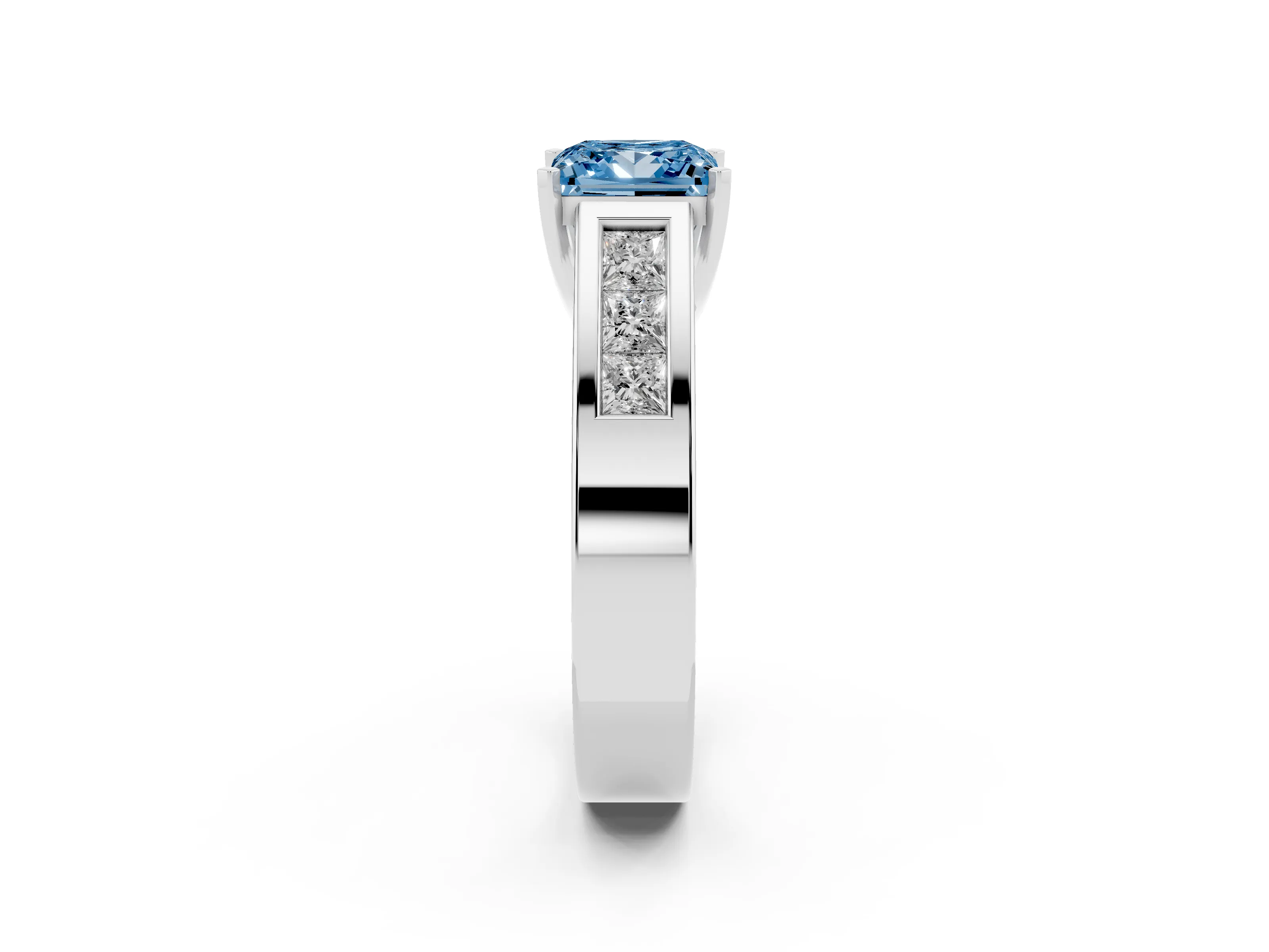 Fancy Blue Princess Cut Diamond Solitaire Ring Set in Silver with Channel-Set Accent Stones and Prong Setting