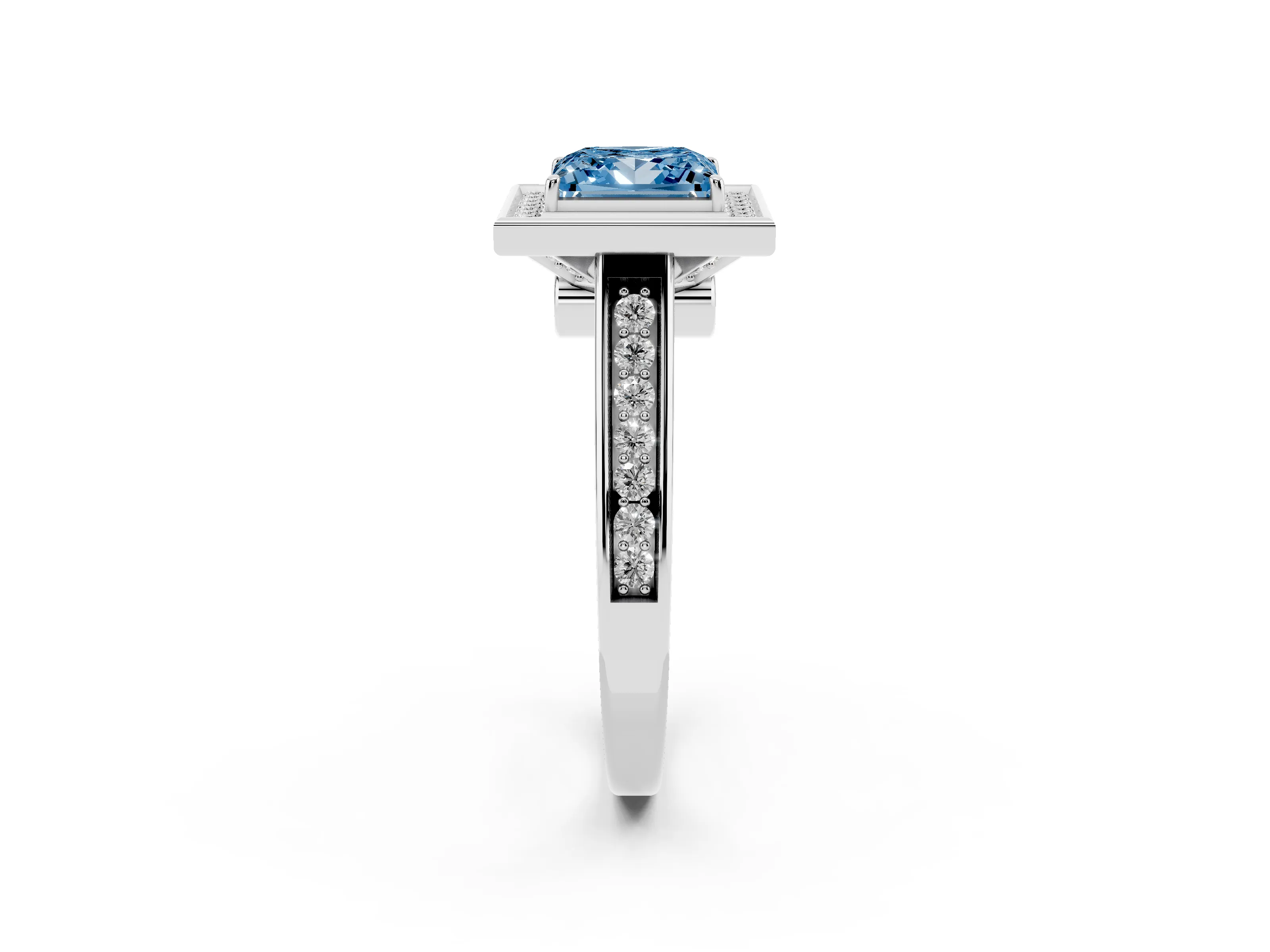 Fancy Blue Princess Cut Diamond Halo Solitaire Ring Set in Platinum with Pavé Band and Bezel Setting