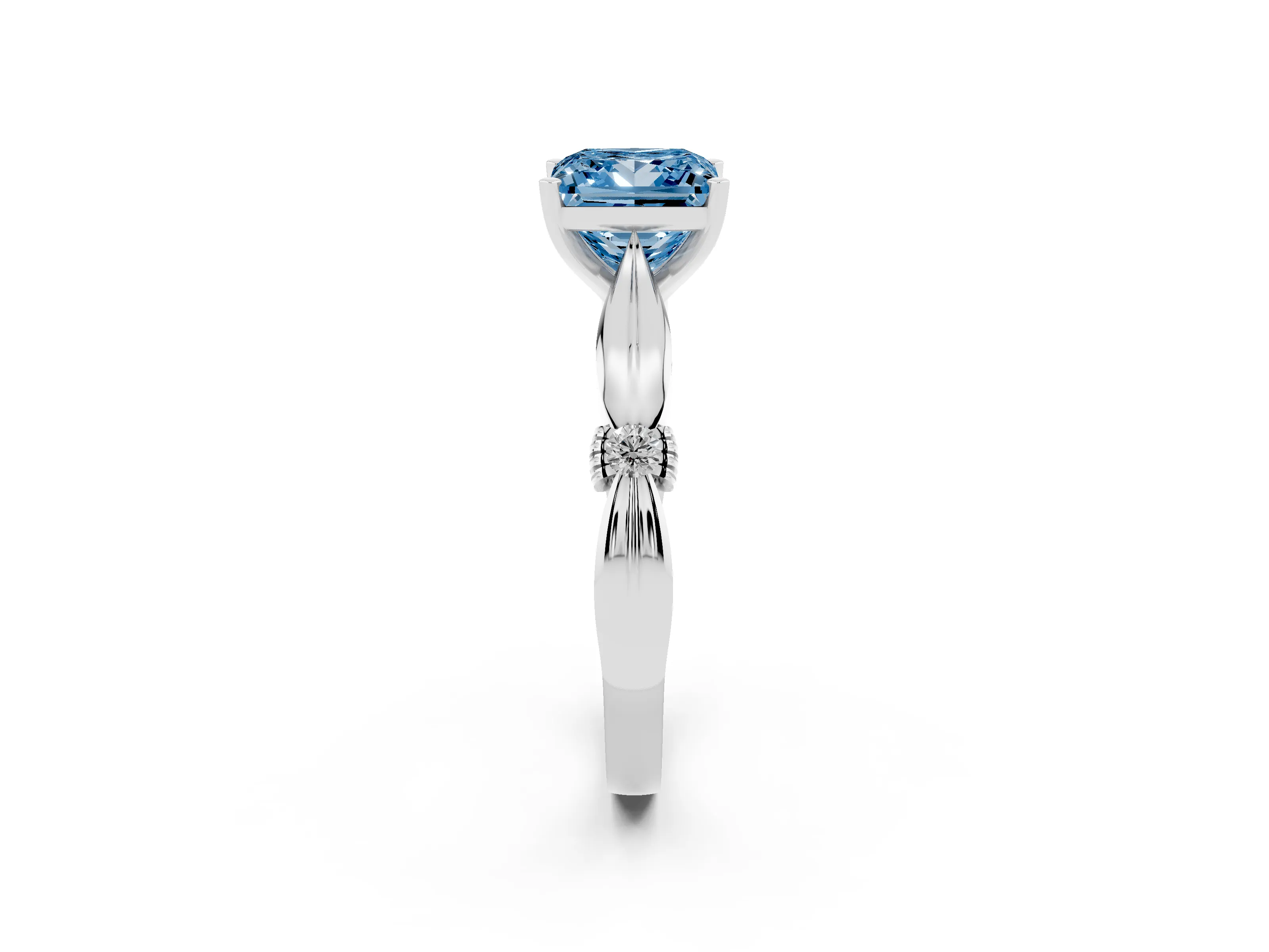 Fancy Blue Princess Cut Diamond Solitaire Twisted Band Ring Set in White gold with Accent Stones and Prong Setting