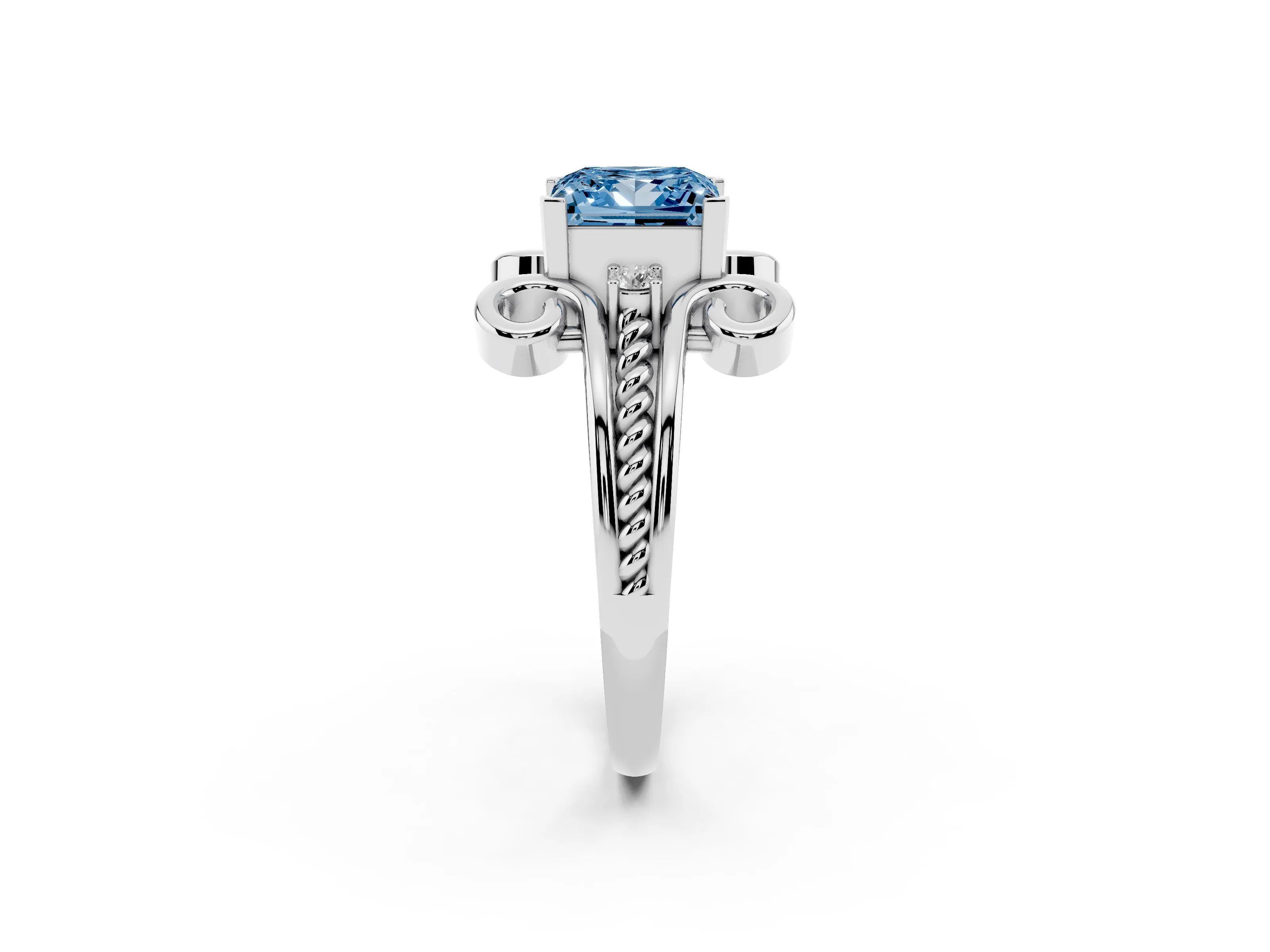 Fancy Blue Princess Cut Diamond Twisted Band Solitaire Ring Set in White gold with Scroll Prongs