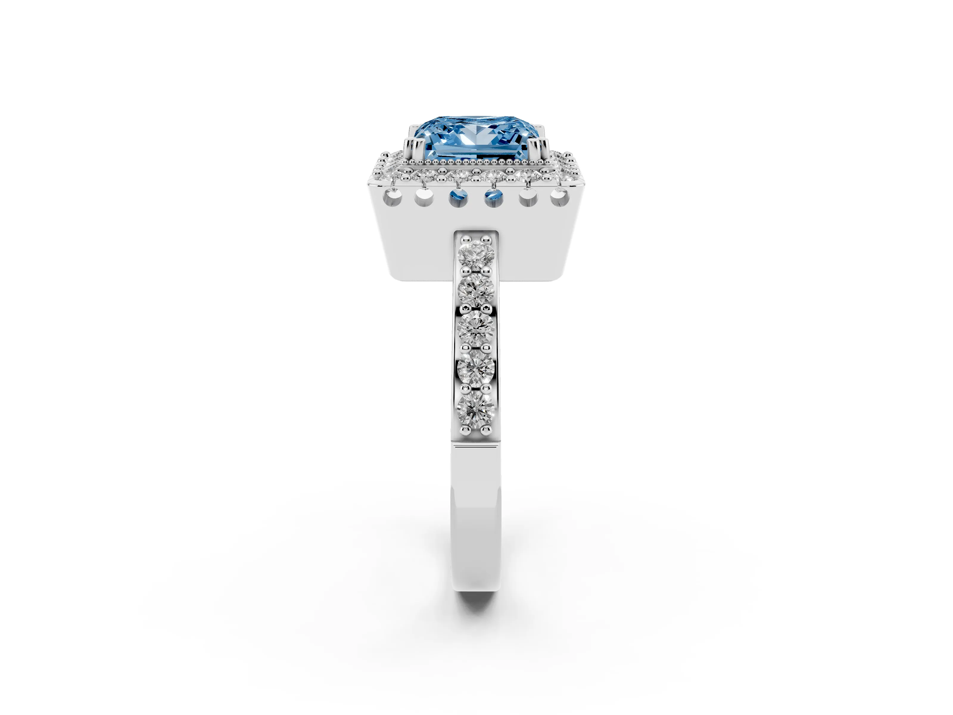 Fancy Blue Princess Cut Diamond Halo Ring Set in White gold with Pavé Shank and Prong Setting