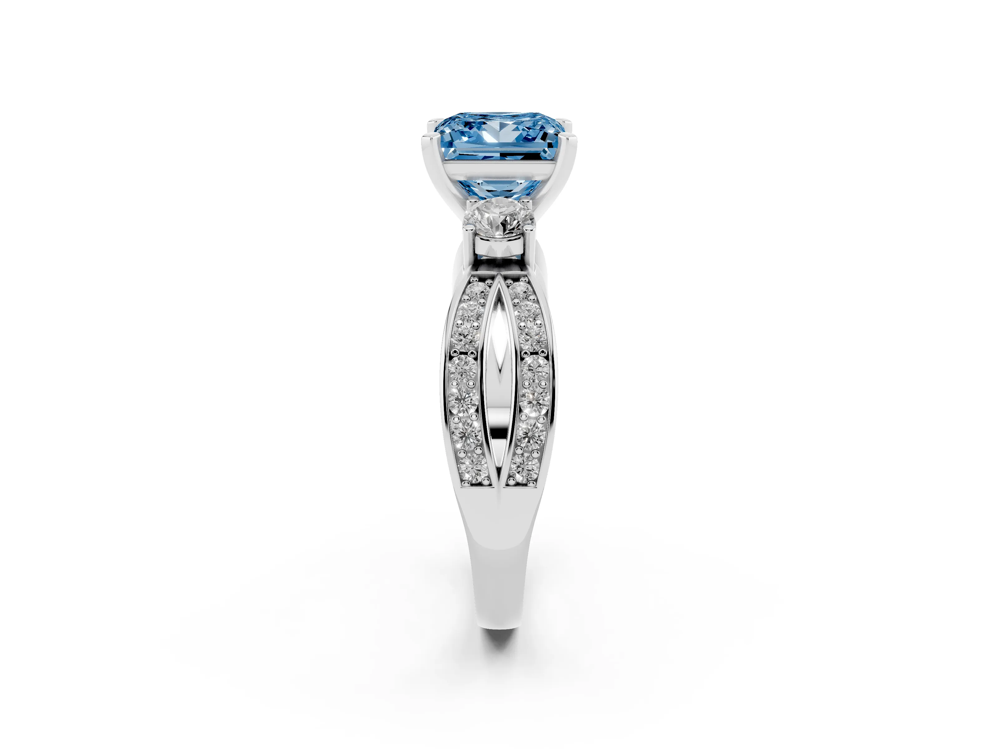 Fancy Blue Three-Stone Princess Cut Diamond Twist Band Ring Set in Silver with Pavé Accents and Prong Setting