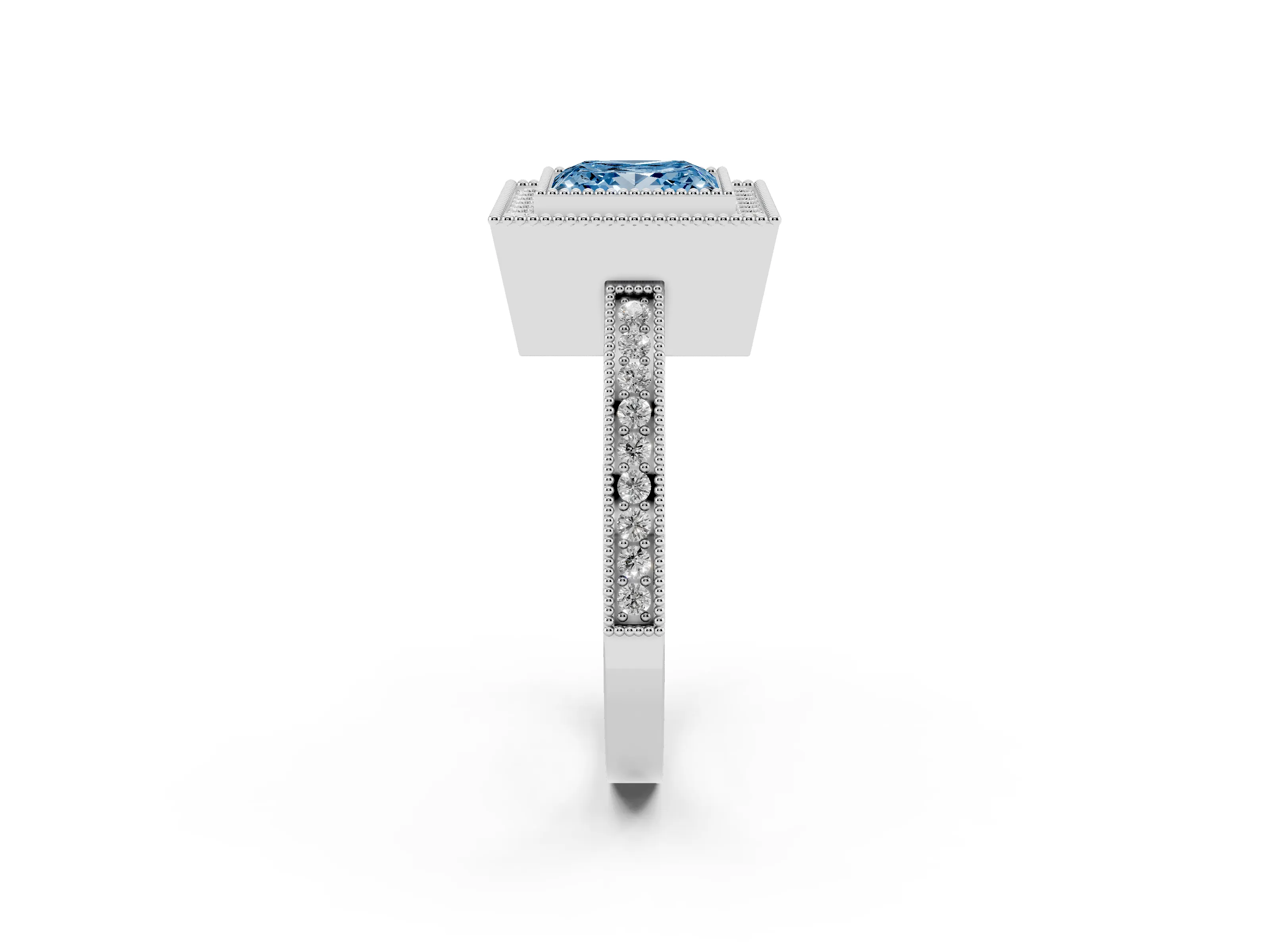 Fancy Blue Princess Cut Diamond Halo Ring Set in Silver with Pavé Band and Milgrain-Edged Prongs
