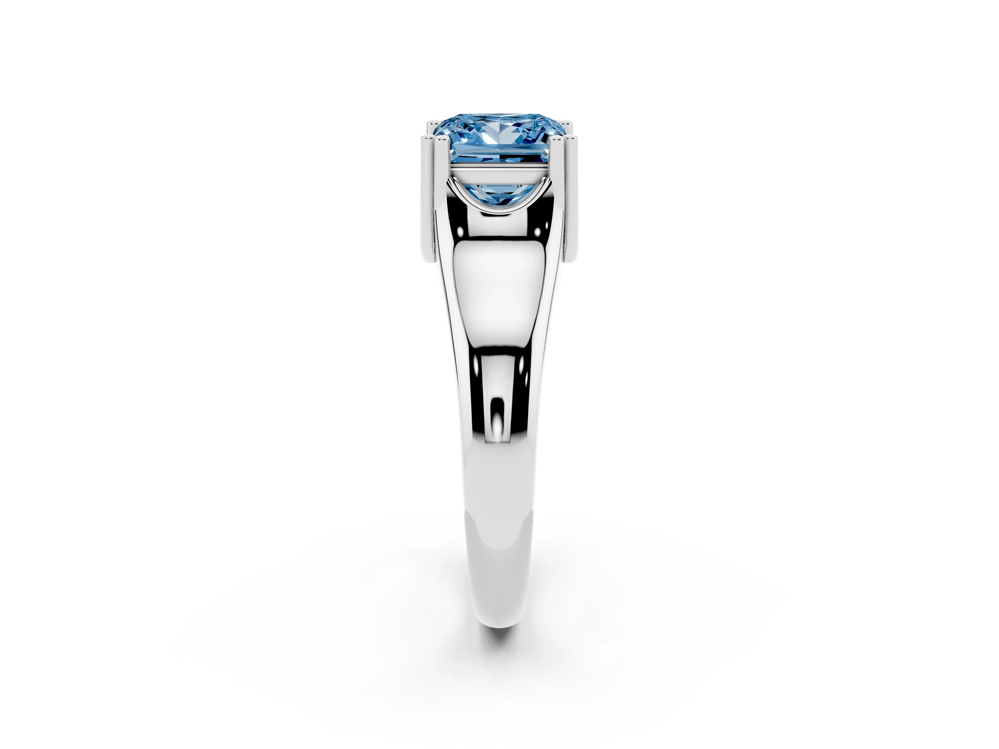 Fancy Blue Princess Cut Diamond Solitaire Ring Set in Platinum with Wide Band and Prong Setting