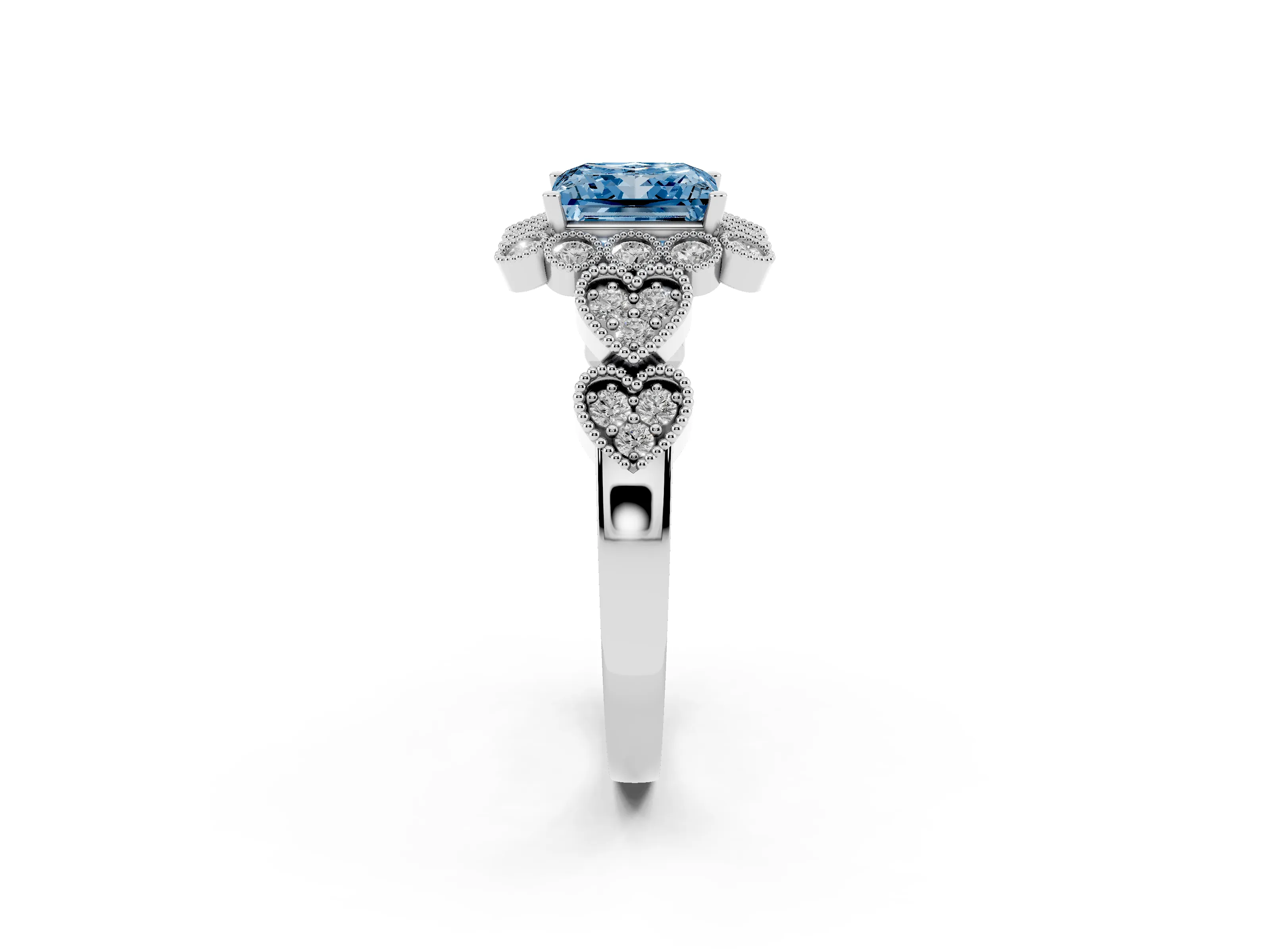 Fancy Blue Princess Cut Diamond Solitaire Ring Set in White gold with Milgrain Pavé Heart Band