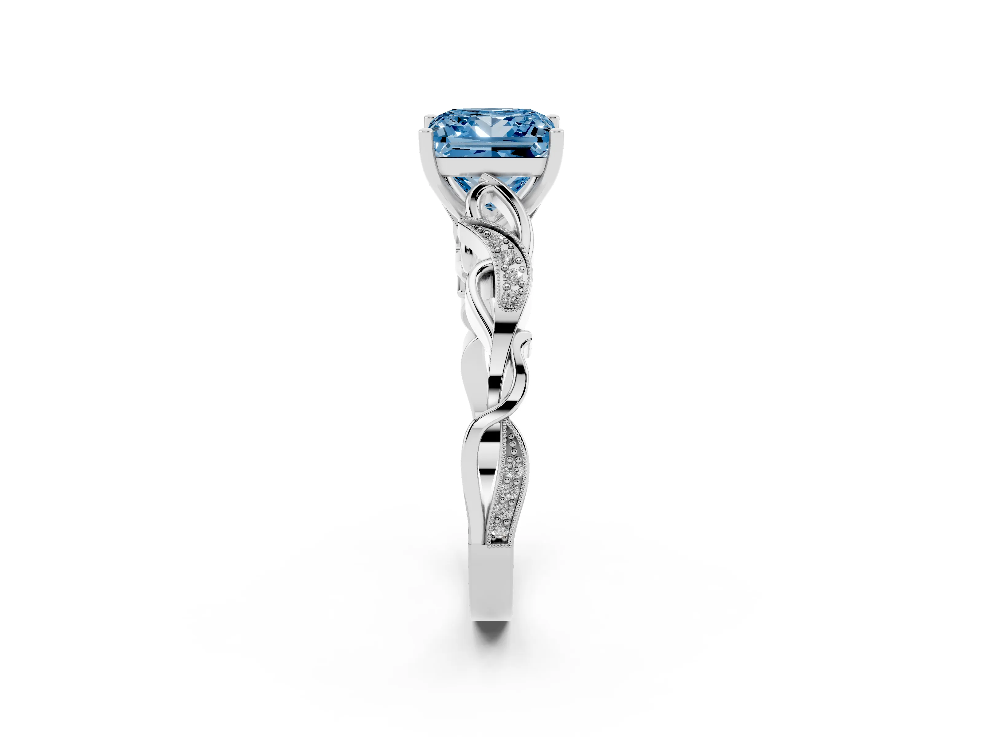 Fancy Blue Princess Cut Diamond Vine Band Solitaire Ring Set in Platinum with Milgrain Prong Setting