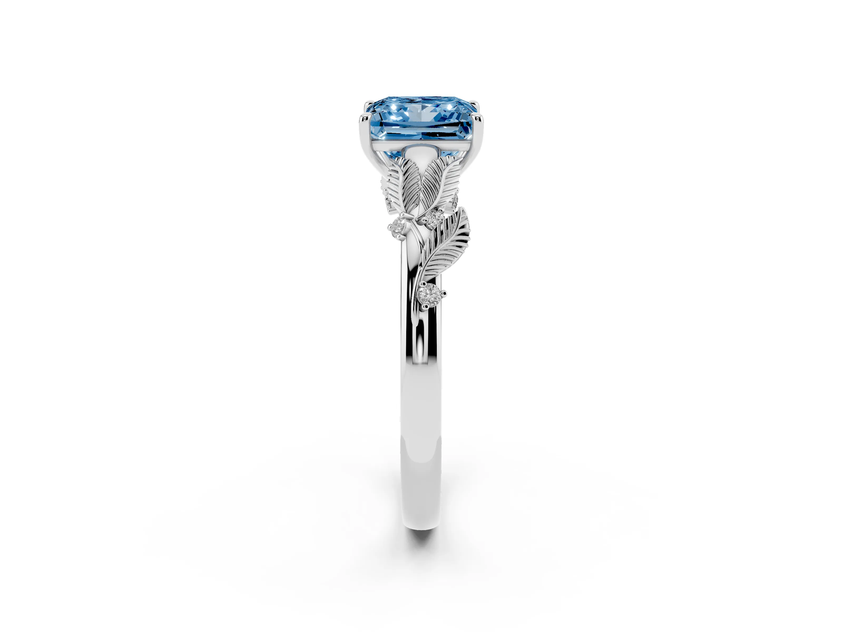 Fancy Blue Princess Cut Diamond Solitaire Ring Set in Silver with Leaf Motif Band