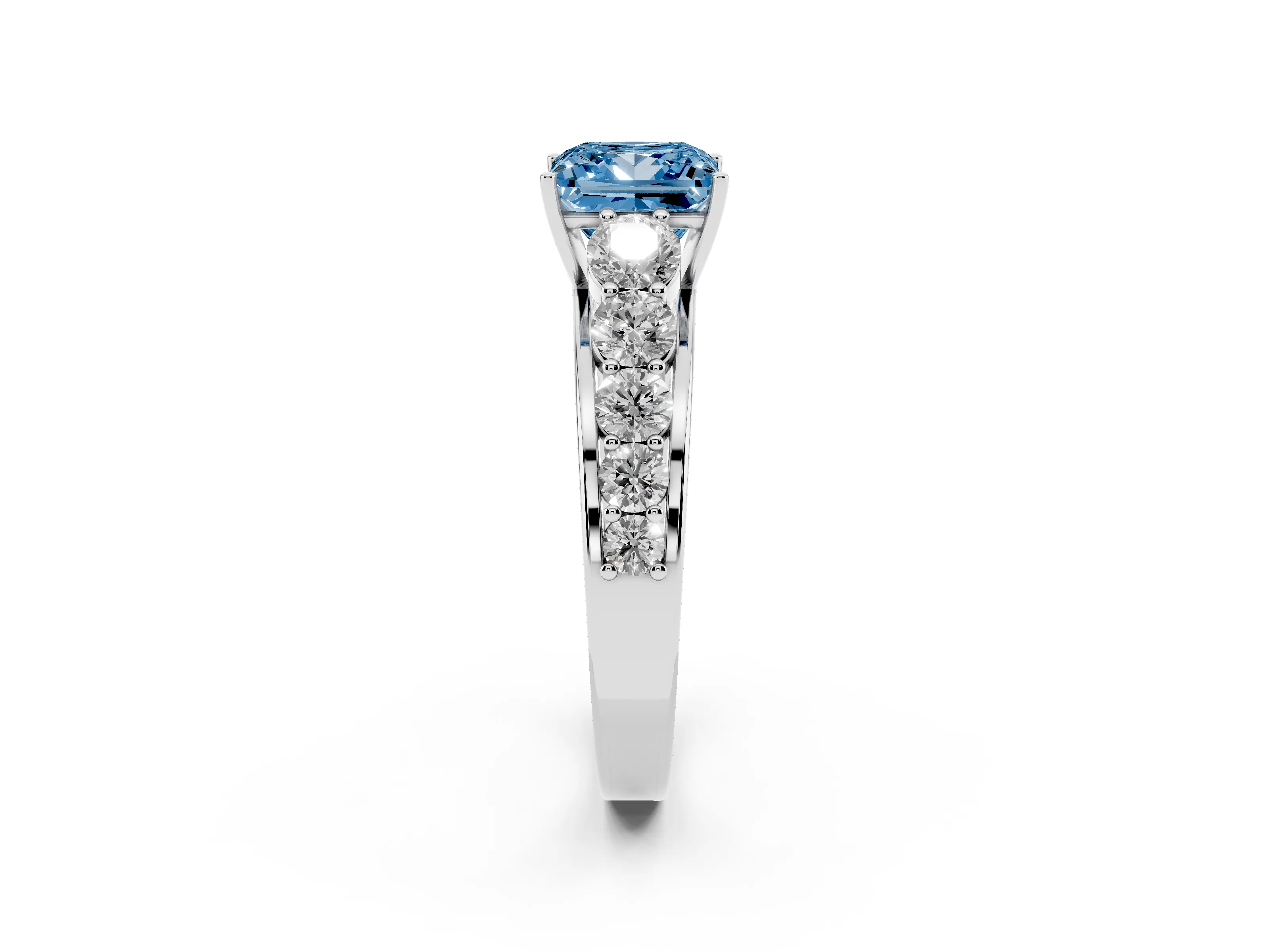 Fancy Blue Princess Cut Diamond Solitaire Ring Set in Platinum with Pavé-Set Band and Prong Setting