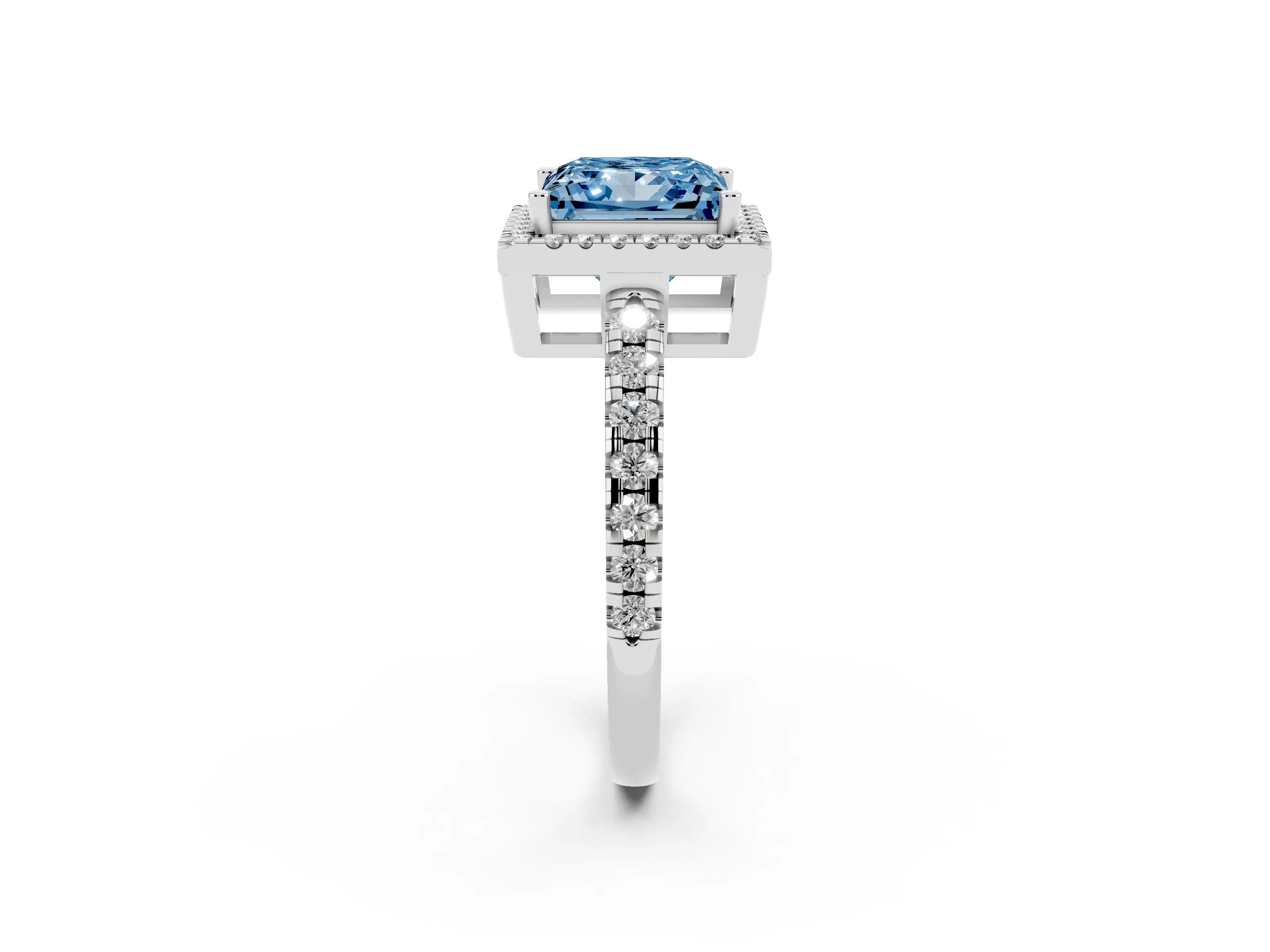Fancy Blue Princess Cut Diamond Halo Ring Set in Platinum with Delicate Pavé Band and Prong Setting