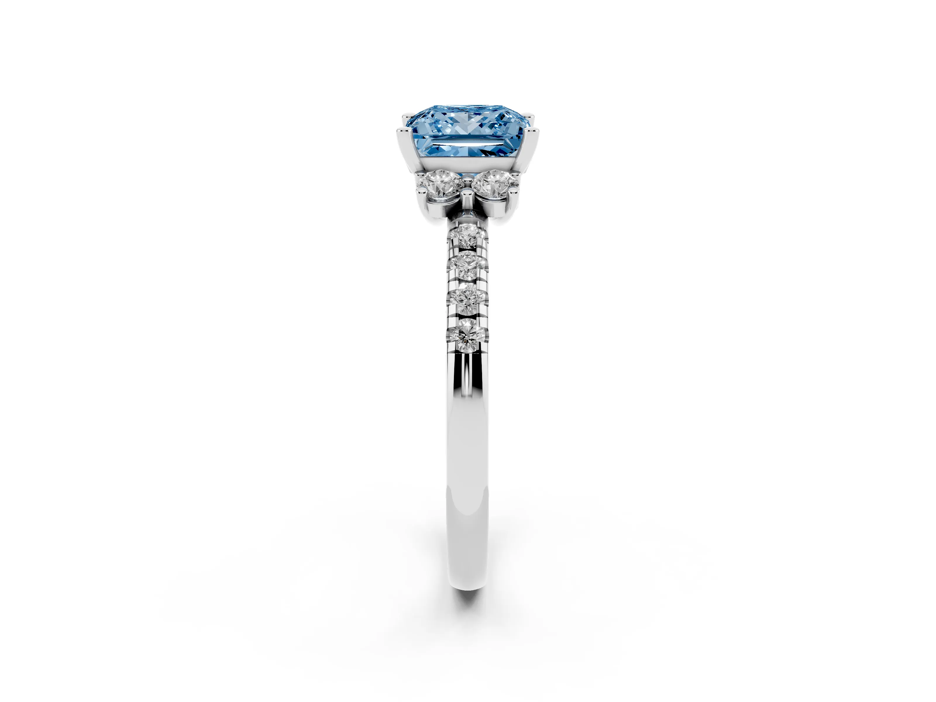 Fancy Blue Princess Cut Diamond Three-Stone Pavé Ring Set in White gold with Prong Setting