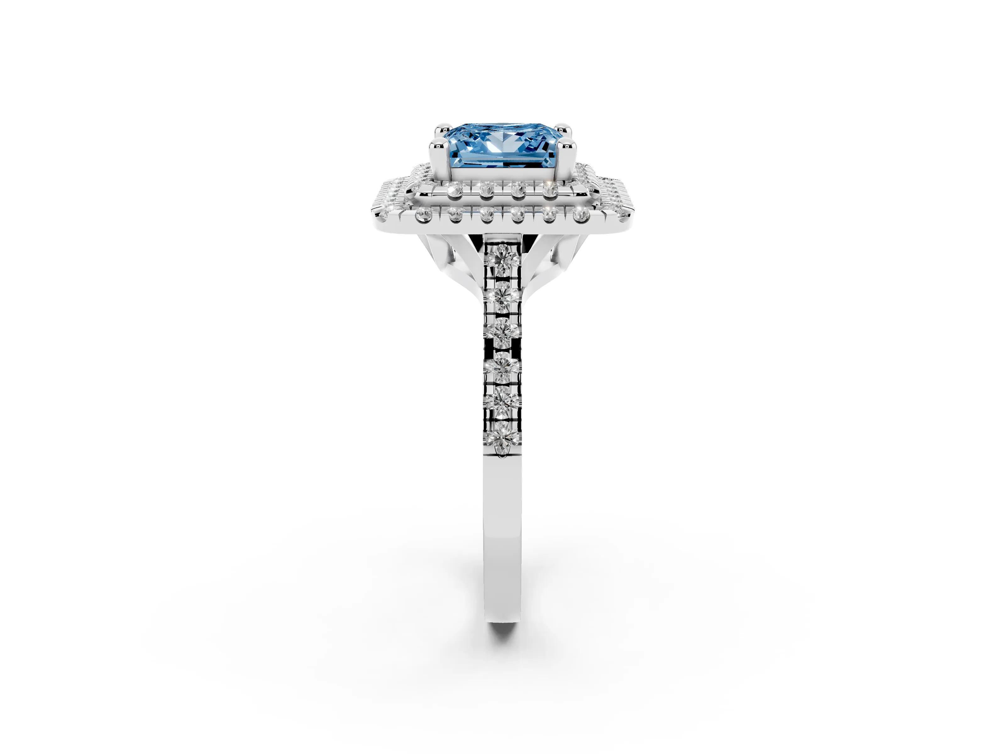 Fancy Blue Princess Cut Diamond Double Halo Statement Ring Set in White gold with Pavé Band