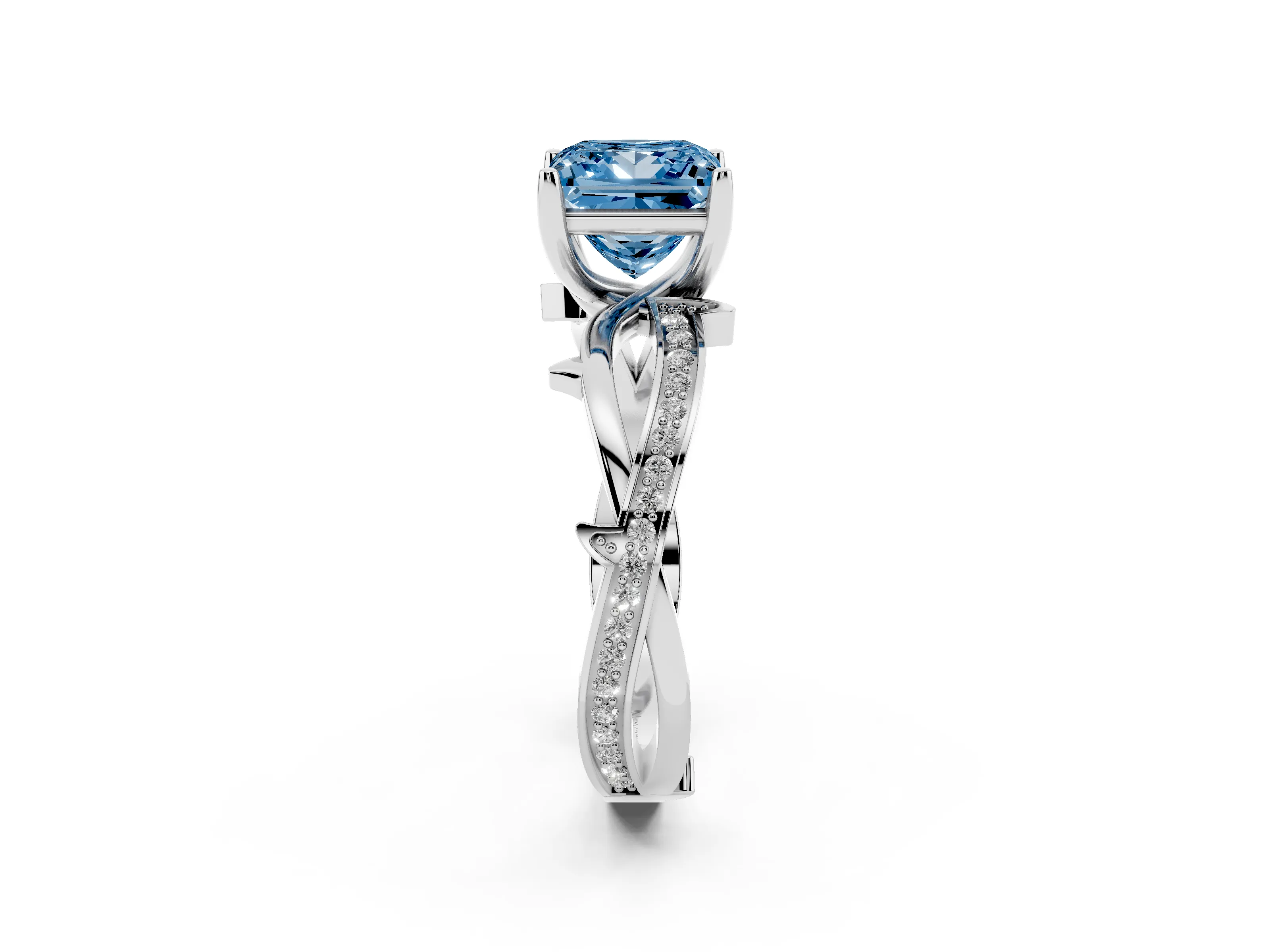 Fancy Blue Princess Cut Diamond Pavé Twist Band Solitaire Ring Set in Silver with Prong Setting