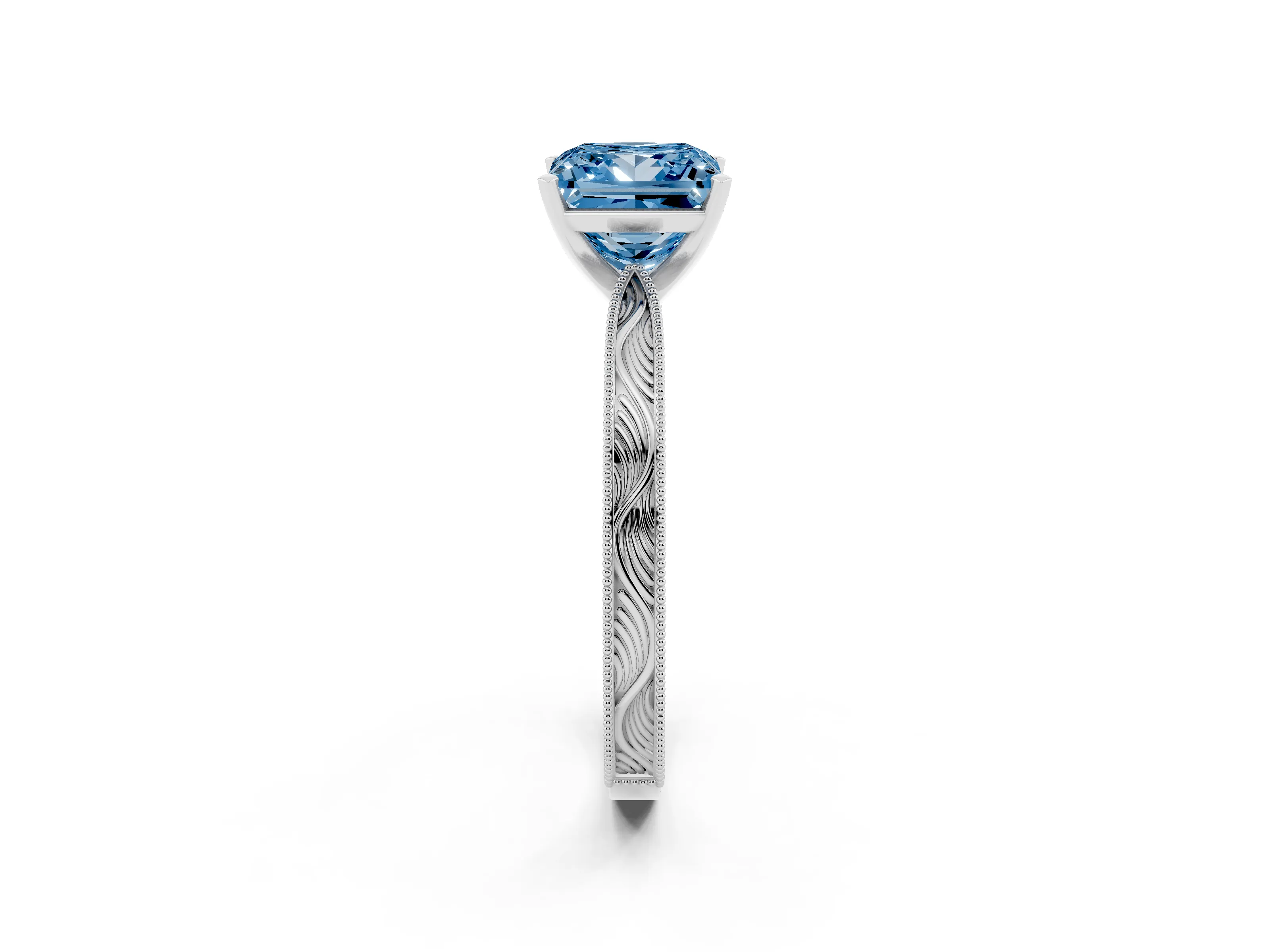 Fancy Blue Princess Cut Diamond Solitaire Milgrain Engraved Band Set in Platinum with Prong Setting