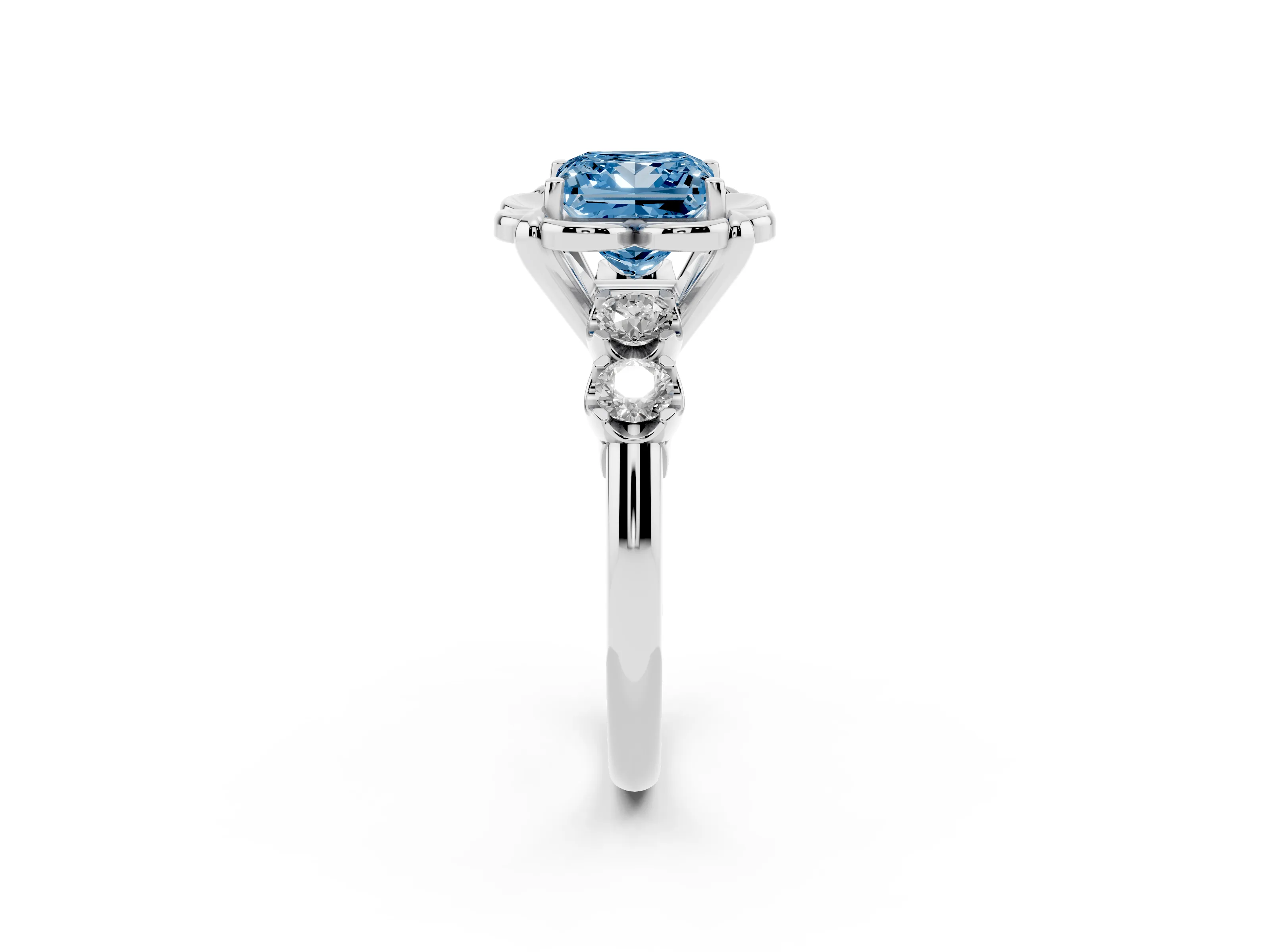 Fancy Blue Princess Cut Diamond Floral Halo Ring Set in White gold with Shared Prong Band