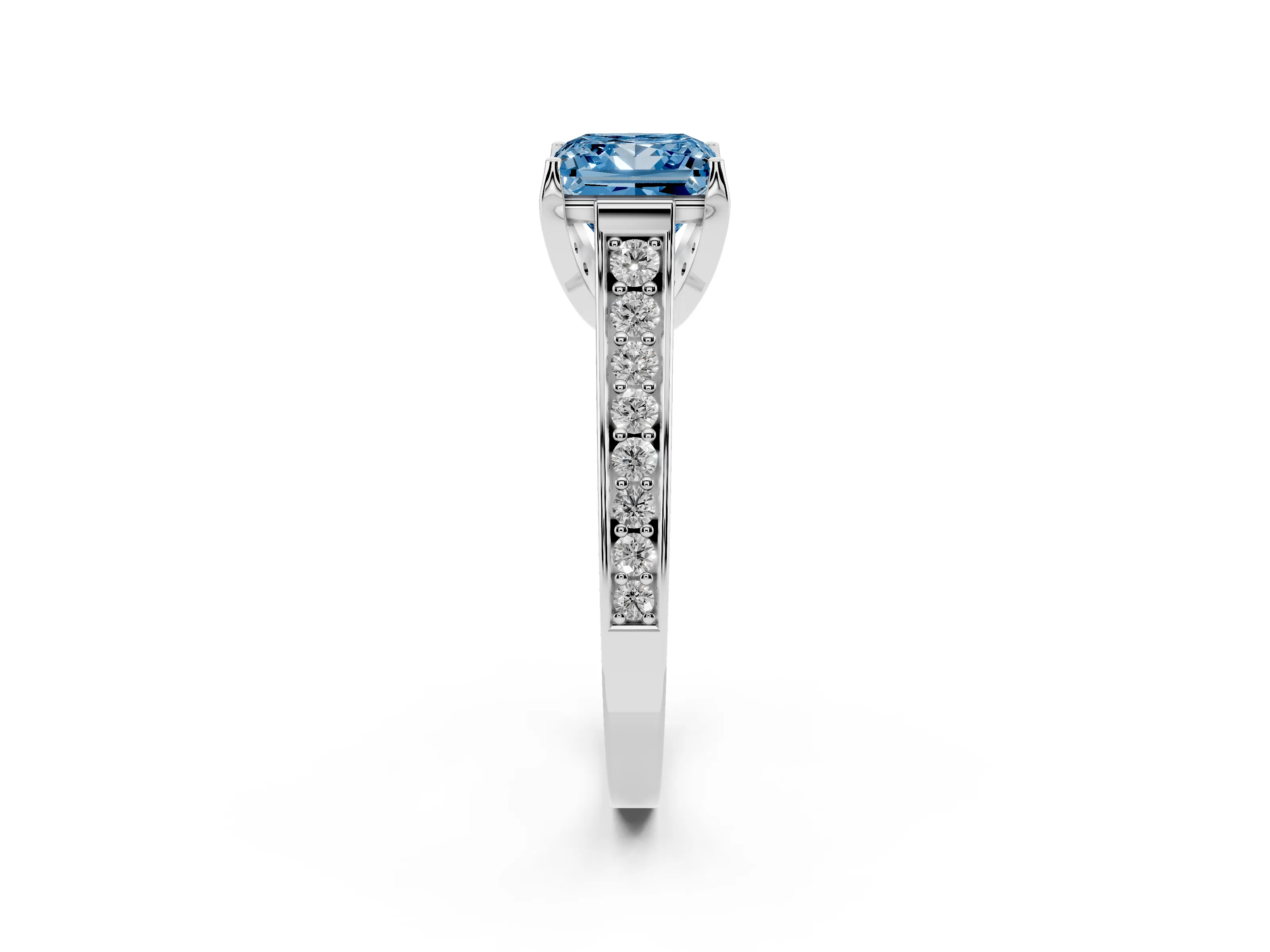 Fancy Blue Princess Cut Diamond Solitaire Pavé Engagement Ring Set in Platinum with Prong Setting