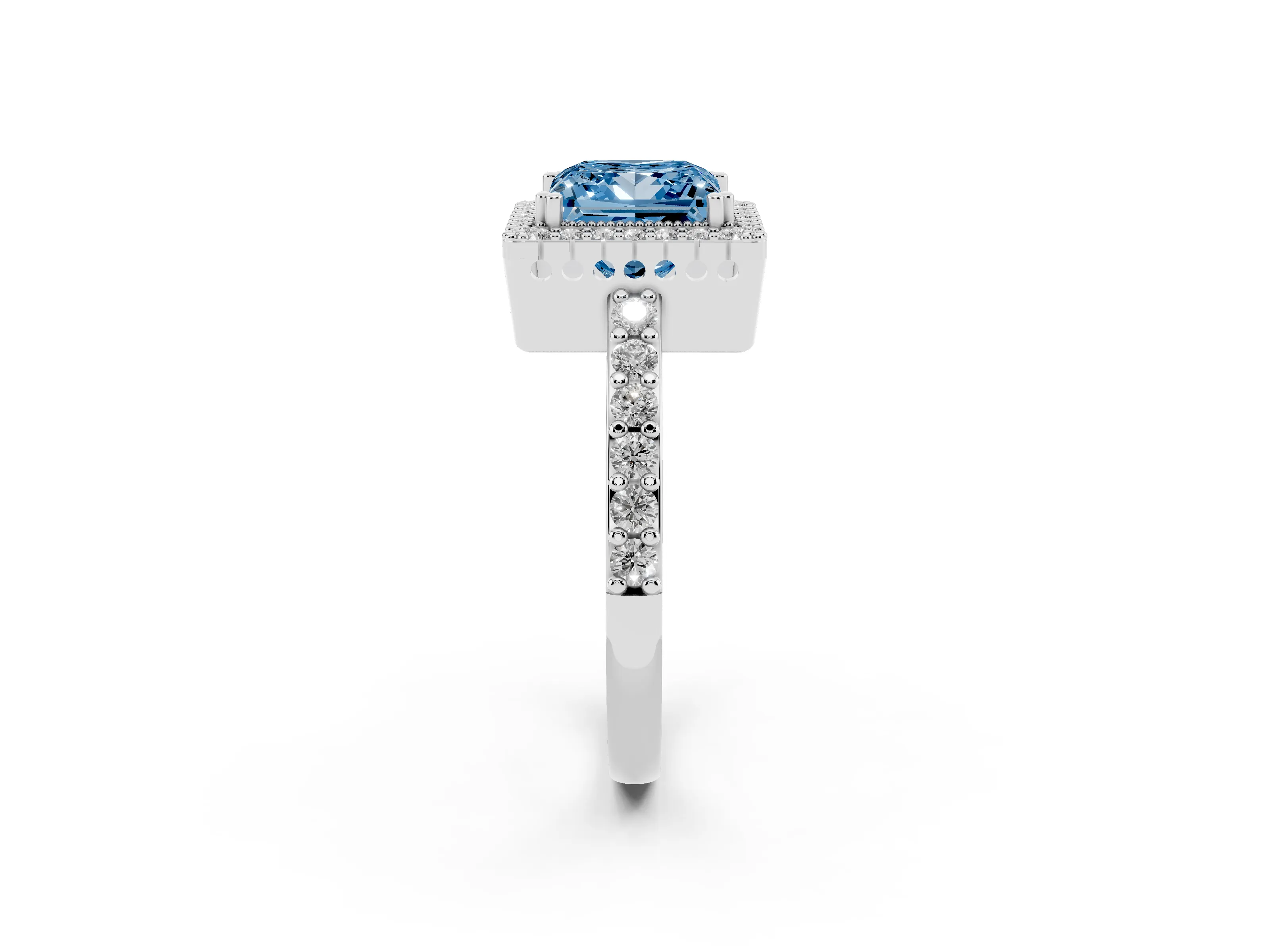Fancy Blue Princess Cut Diamond Halo Engagement Ring Set in White gold with Milgrain Detail and Pavé Band