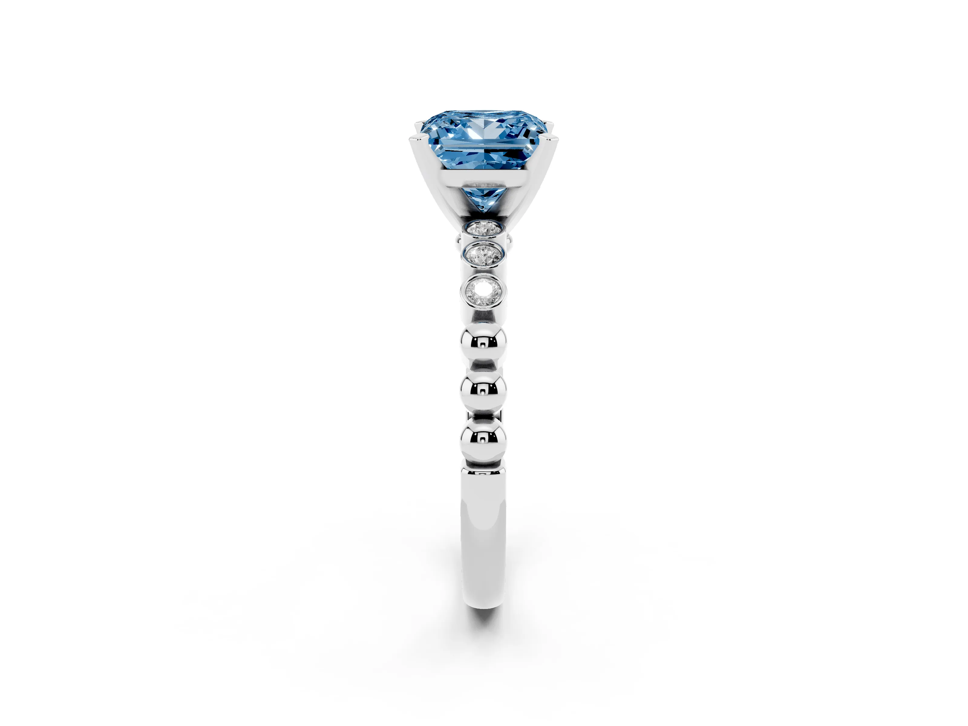 Fancy Blue Princess Cut Diamond Solitaire Engagement Ring Set in Silver with Bezel Accents on Beaded Band