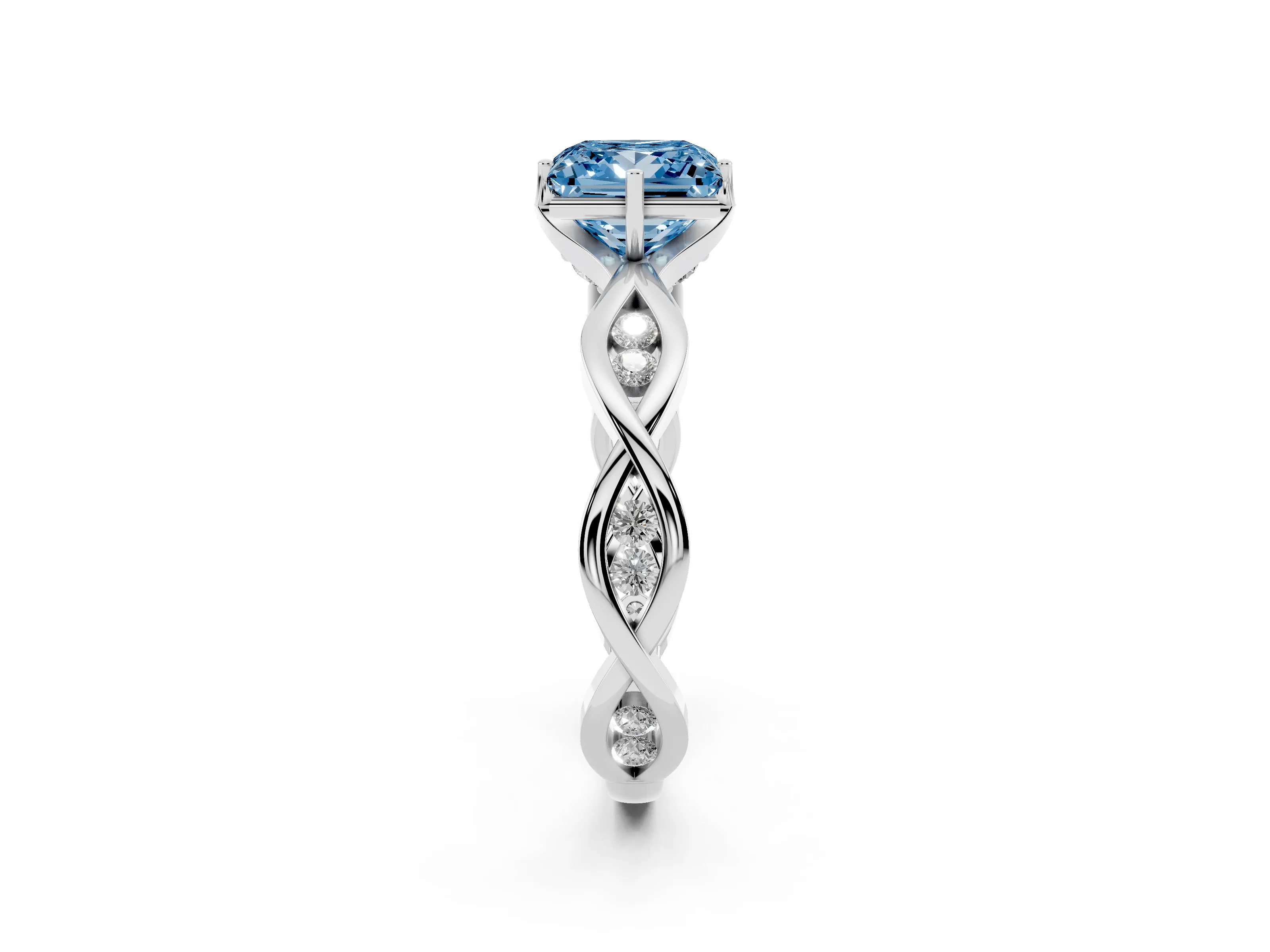 Fancy Blue Princess Cut Diamond Twist Band Solitaire Ring Set in Platinum with Leaf Prong Setting and Accent Stones