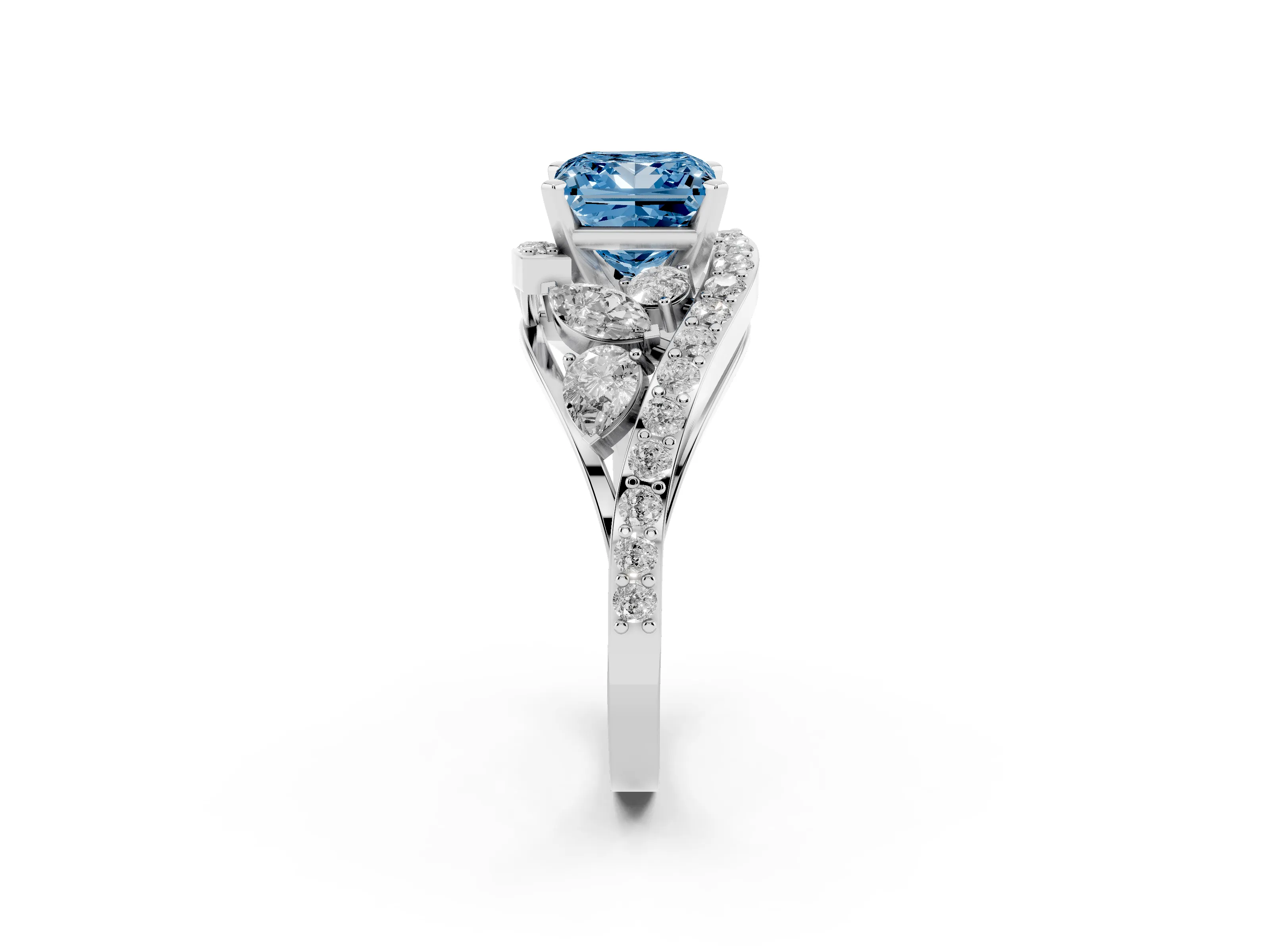 Fancy Blue Princess Cut Diamond Halo Ring Set in White gold with Marquise and Pavé Band in Prong Setting