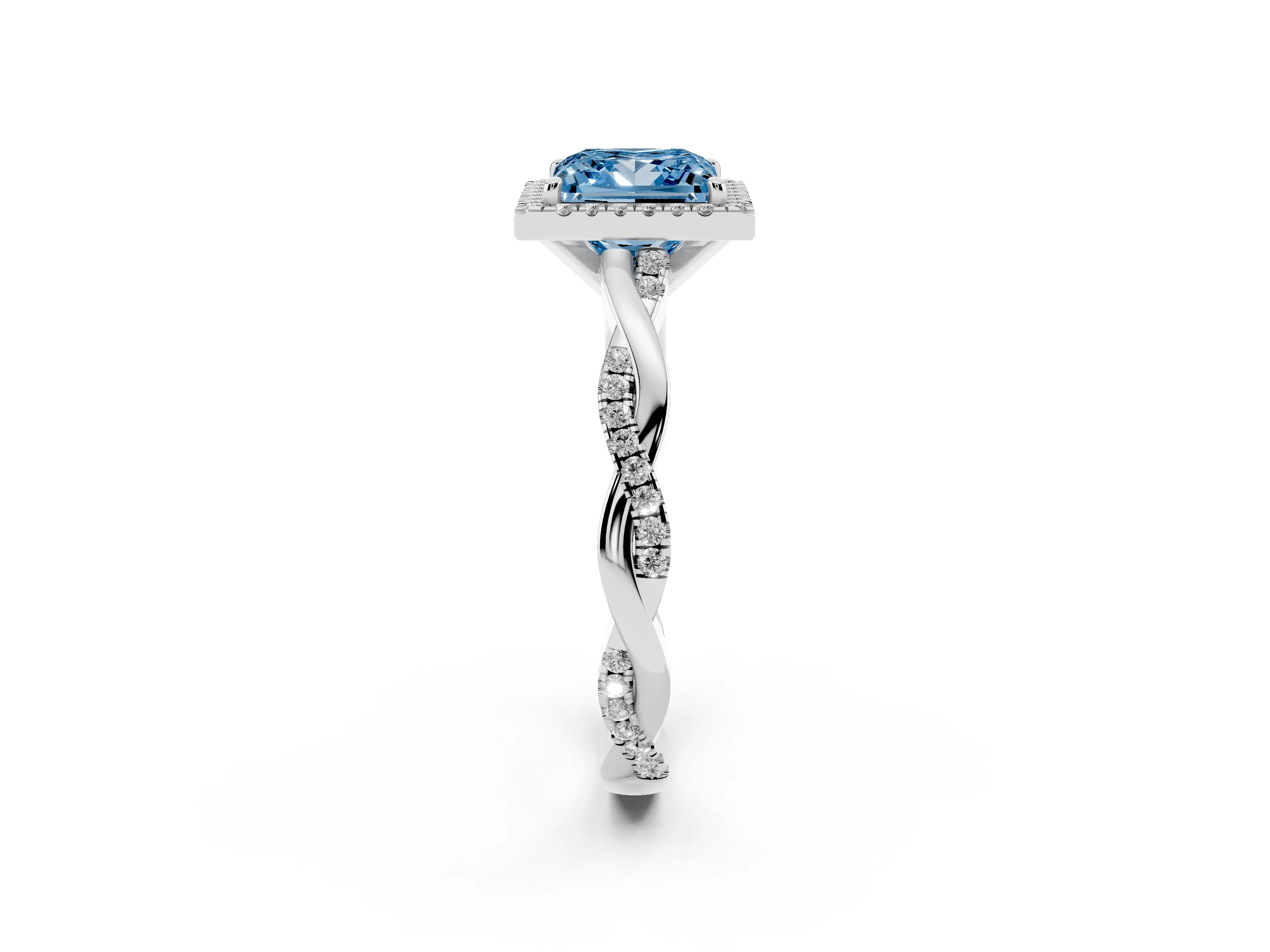 Fancy Blue Princess Cut Diamond Halo Twisted Band Ring Set in Platinum with Prong Setting