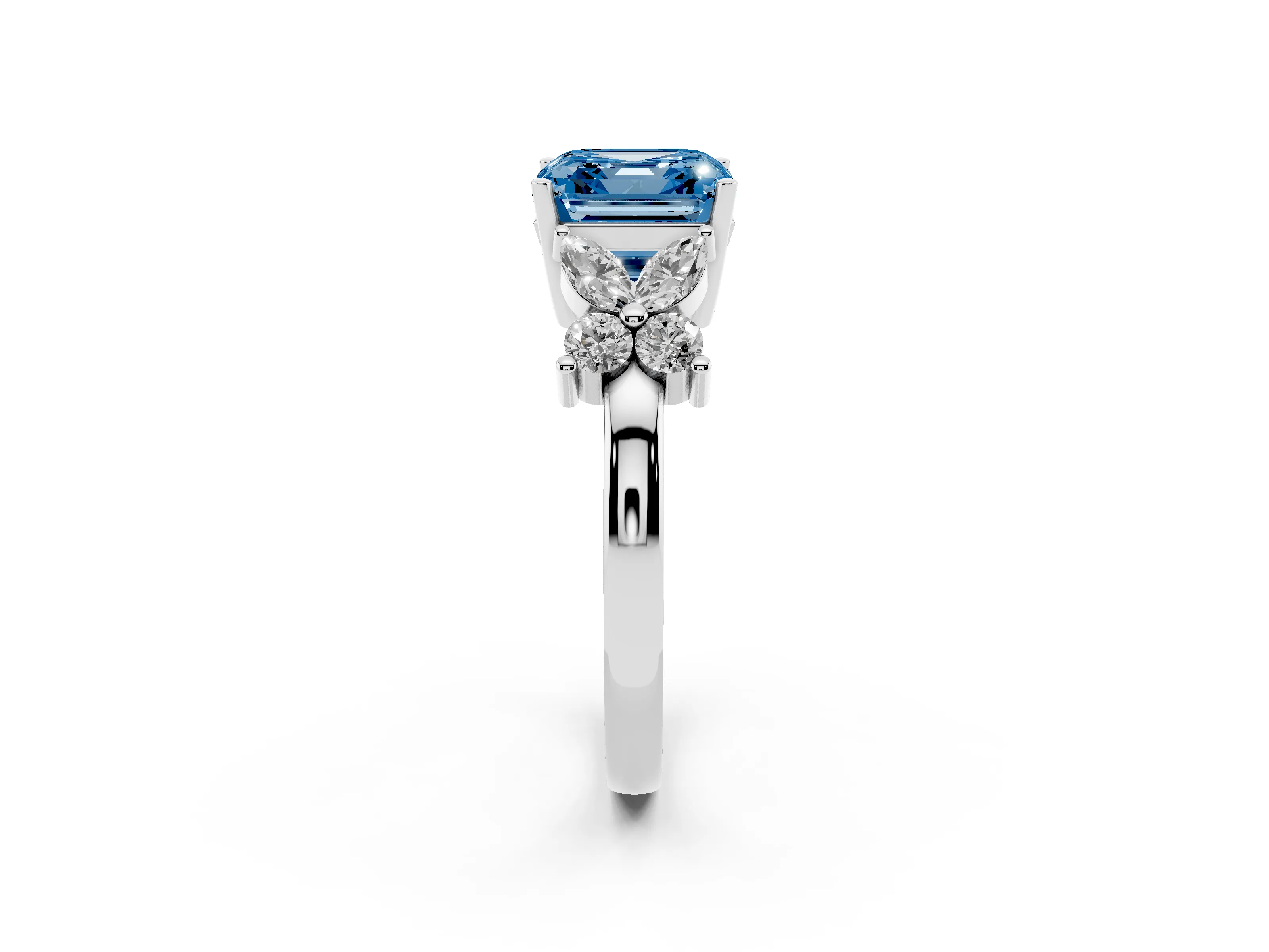 Fancy Blue Princess Cut Diamond Floral Cluster Ring Set in White gold with Marquise Petals and Prong Setting