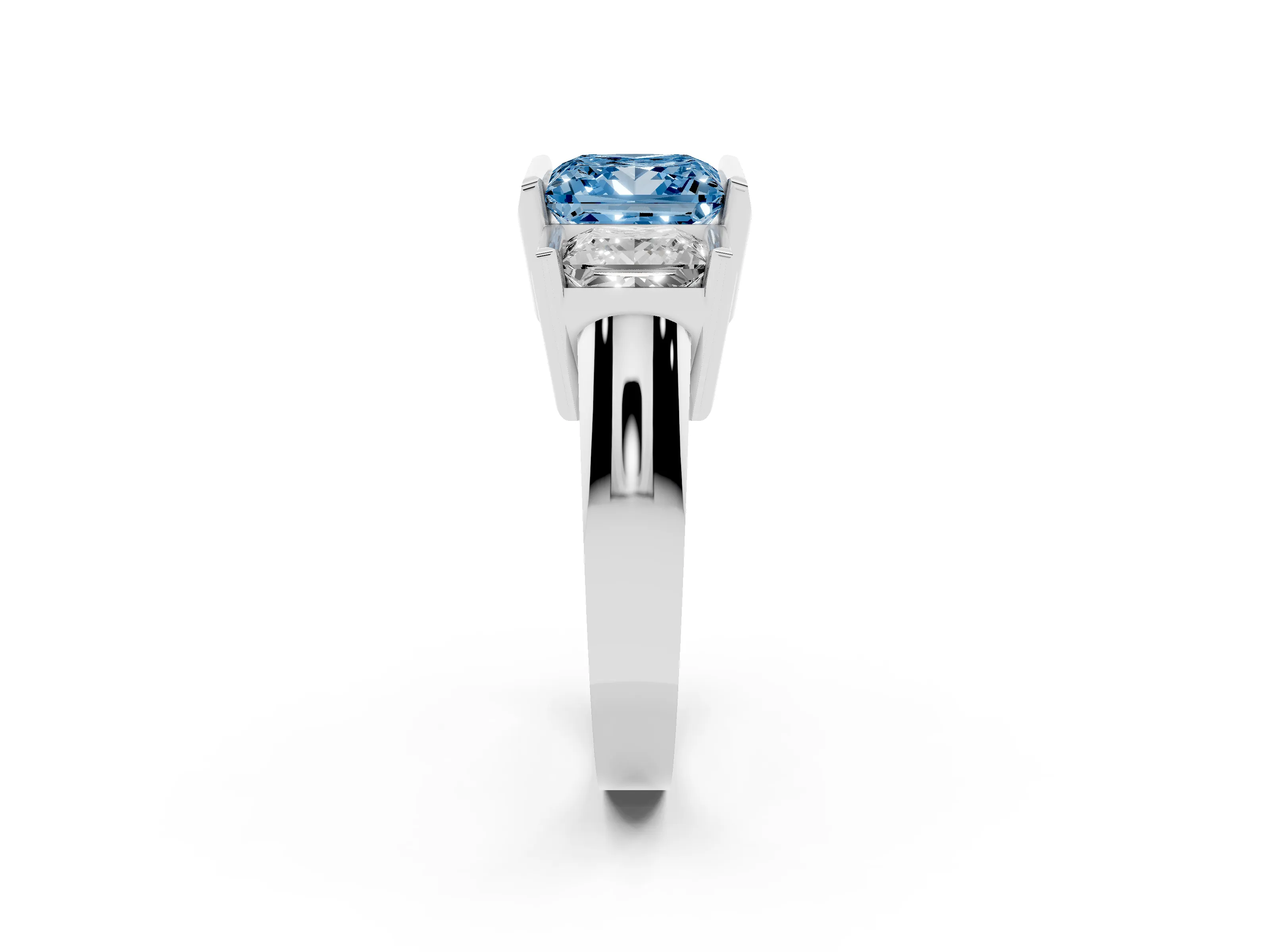 Fancy Blue Princess Cut Diamond Three-Stone Channel Set Ring Set in Platinum with Smooth Polished Band