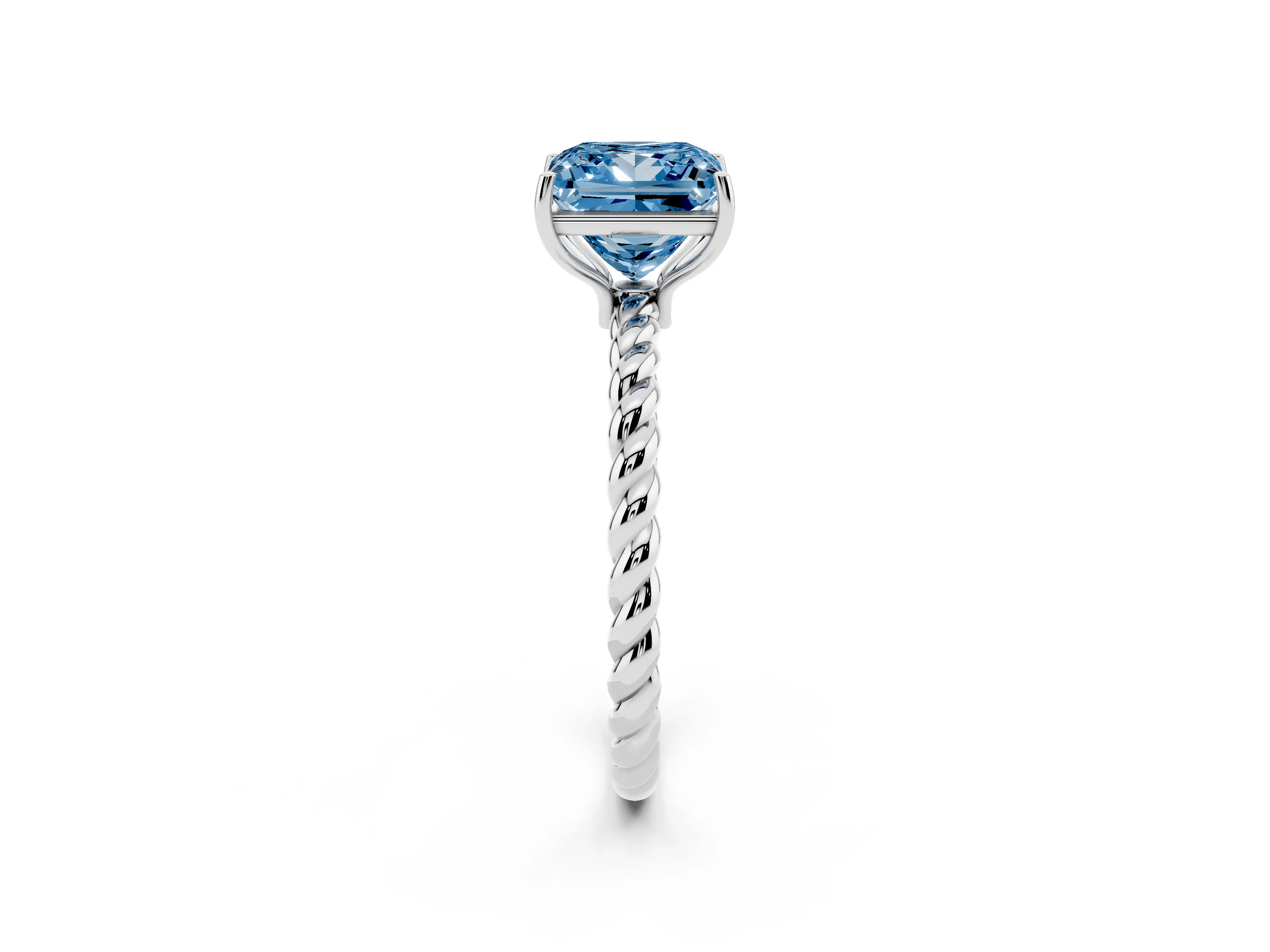 Fancy Blue Princess Cut Diamond Solitaire Ring Set in Platinum with Twist Band and Prong Setting