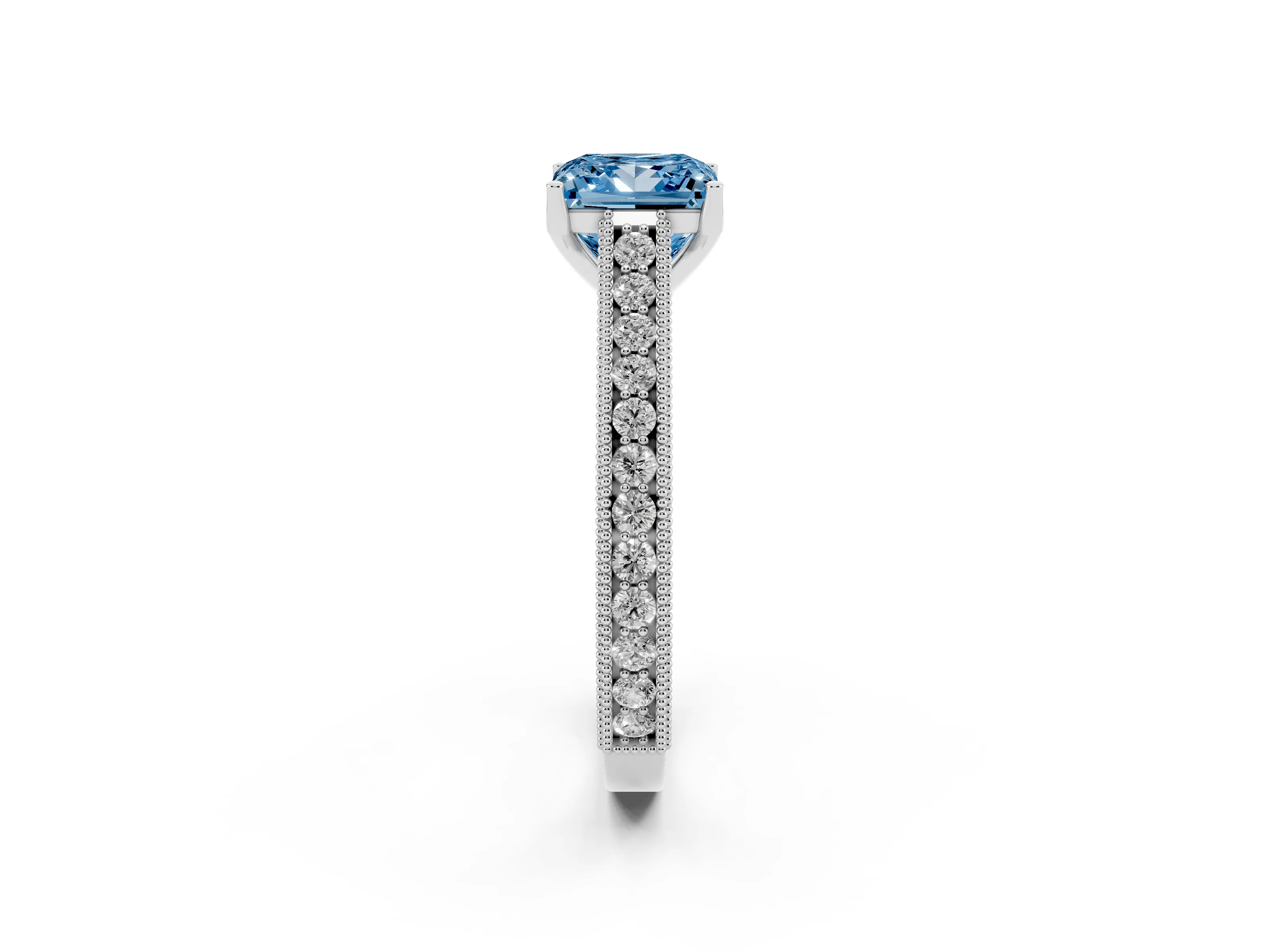 Fancy Blue Princess Cut Diamond Milgrain Pavé Band Solitaire Ring Set in White gold with Prong Setting