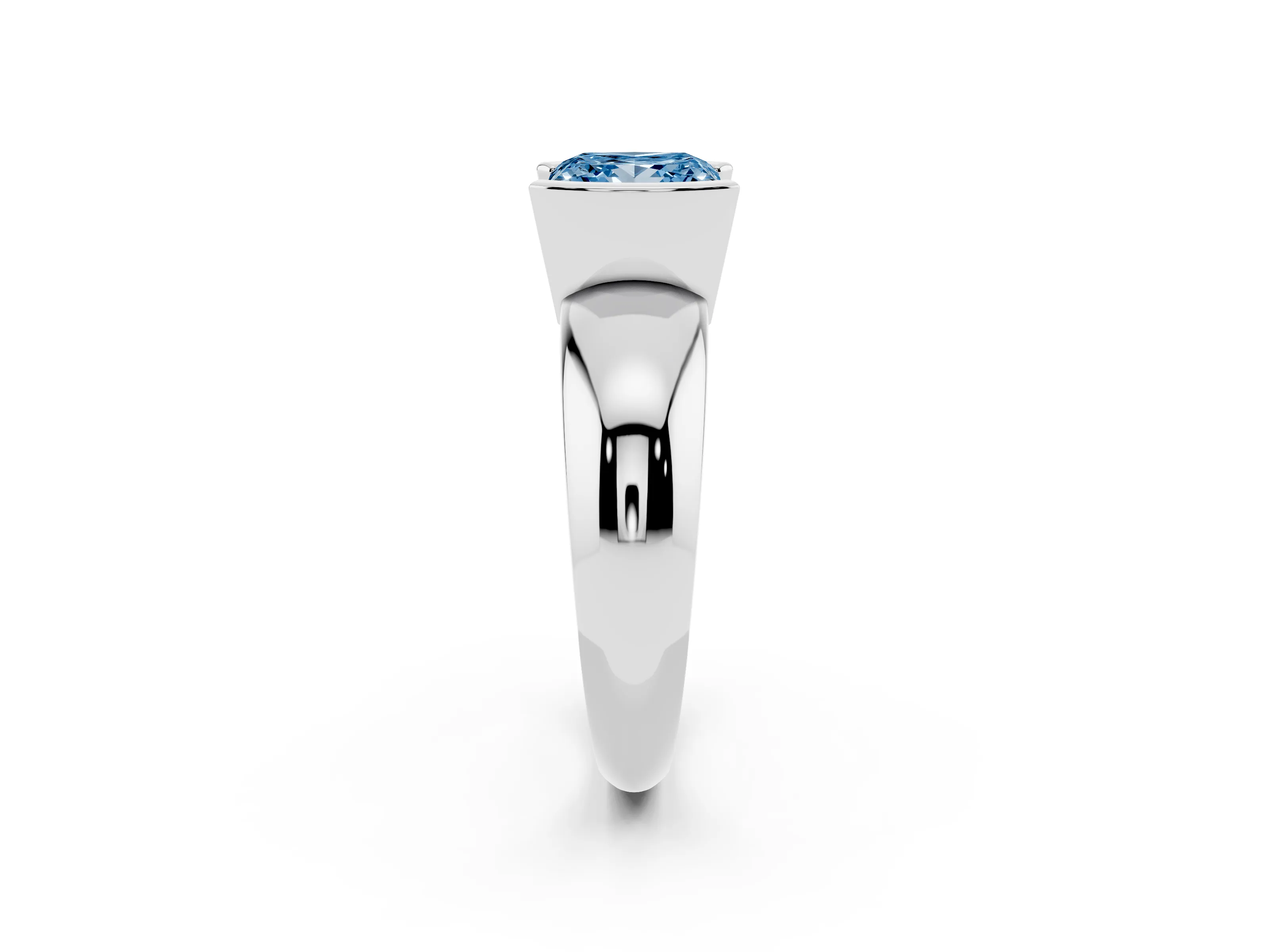 Fancy Blue Princess Cut Diamond Solitaire Tension Set Ring Set in White gold with Wide Band