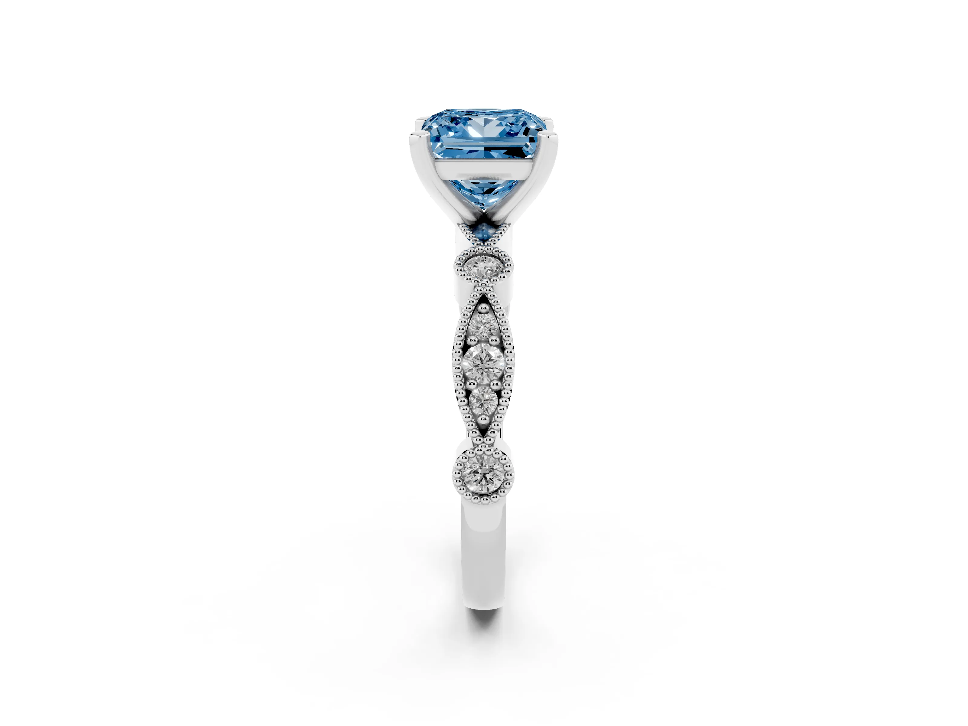 Fancy Blue Princess Cut Diamond Solitaire Engagement Ring Set in Silver with Milgrain Bezel Accent Band
