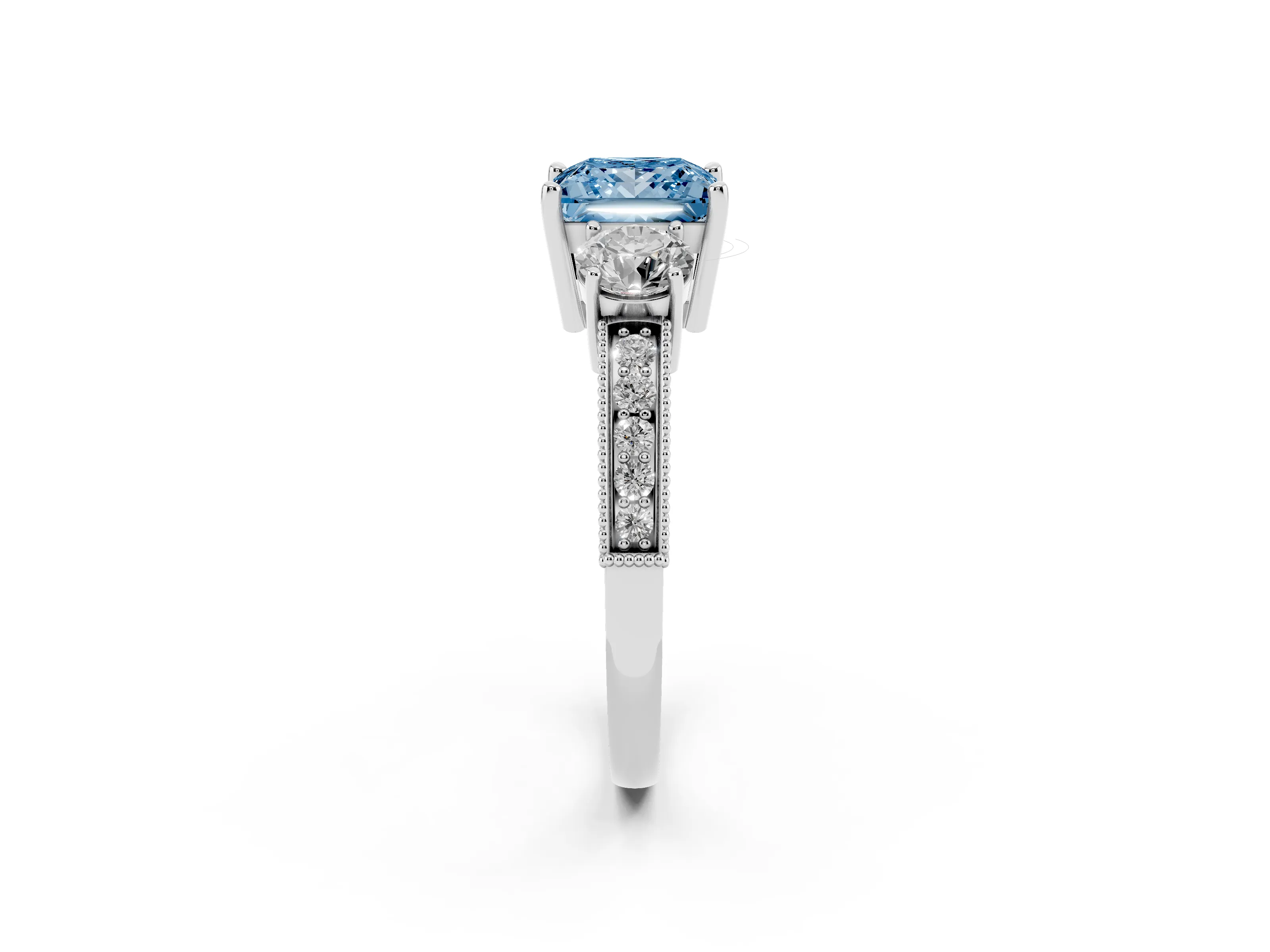 Fancy Blue Princess Cut Diamond Three-Stone Ring Set in White gold with Round Side Stones and Pavé Band