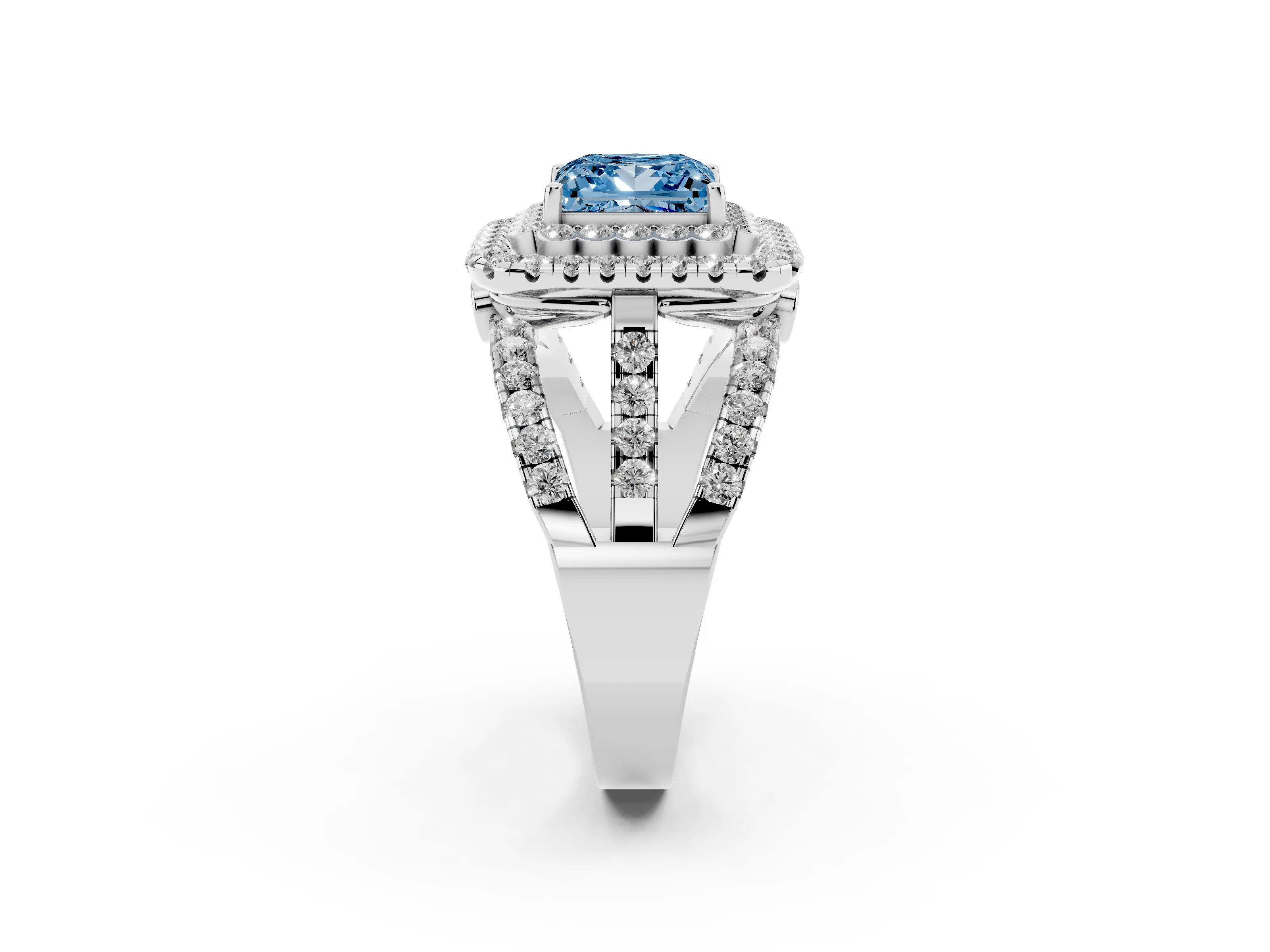 Fancy Blue Princess Cut Diamond Double Halo Ring Set in White gold with Round Pavé Split Shank