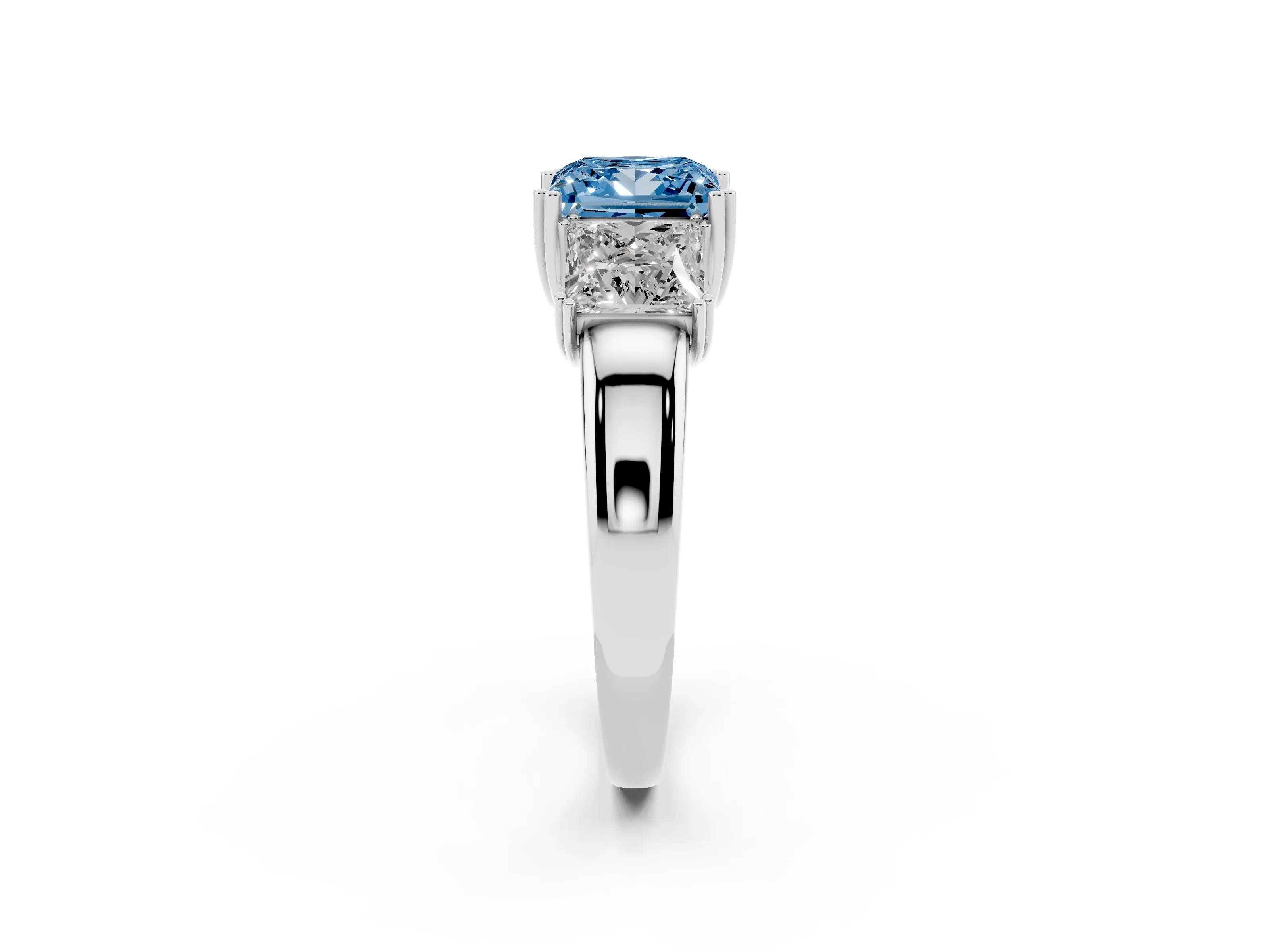 Fancy Blue Princess Cut Diamond Three-Stone Ring Set in Platinum with Polished Channel-Set Band
