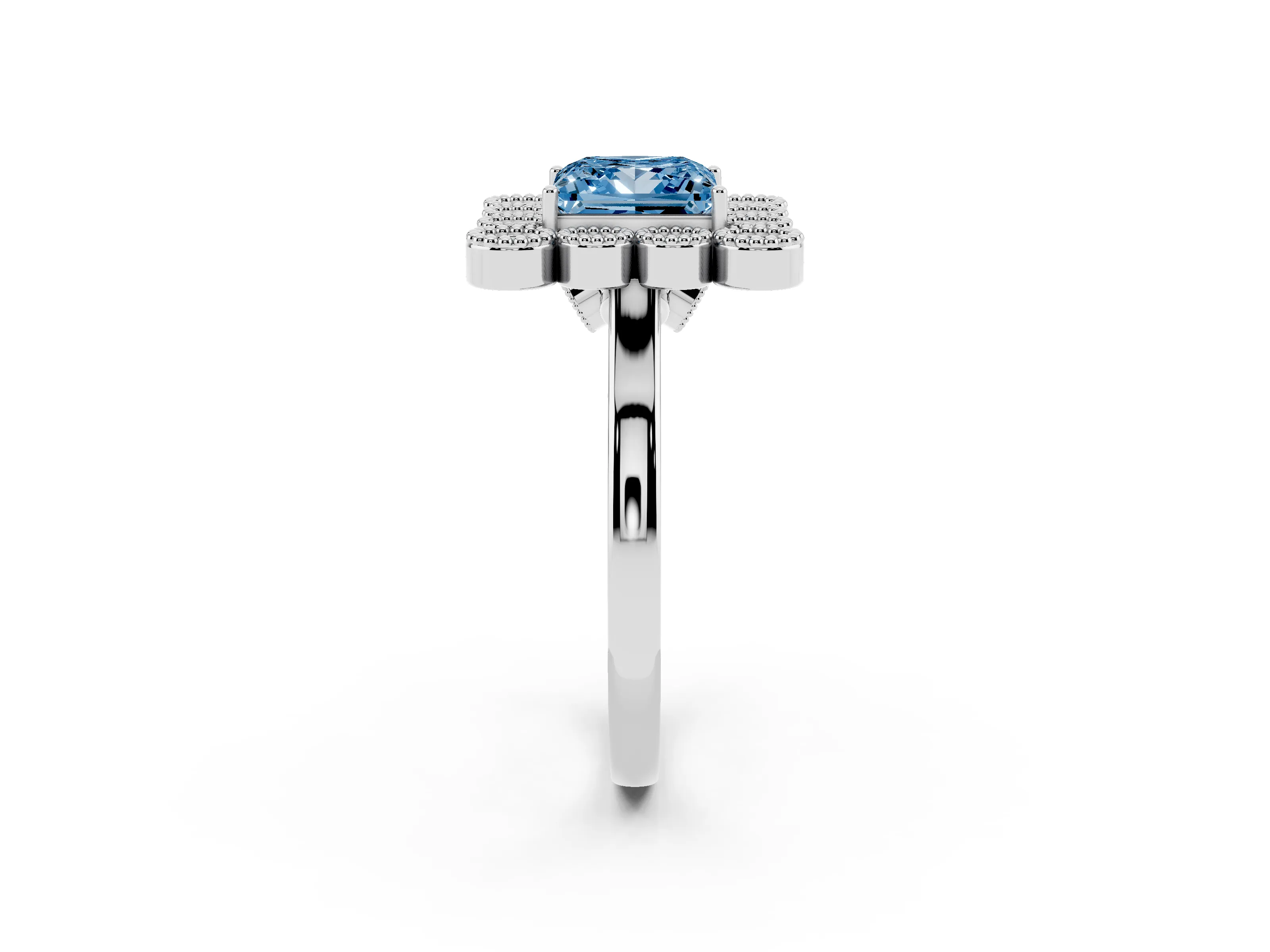 Fancy Blue Princess Cut Diamond Cluster Halo Ring Set in White gold with Milgrain Bezel Accents and Plain Band