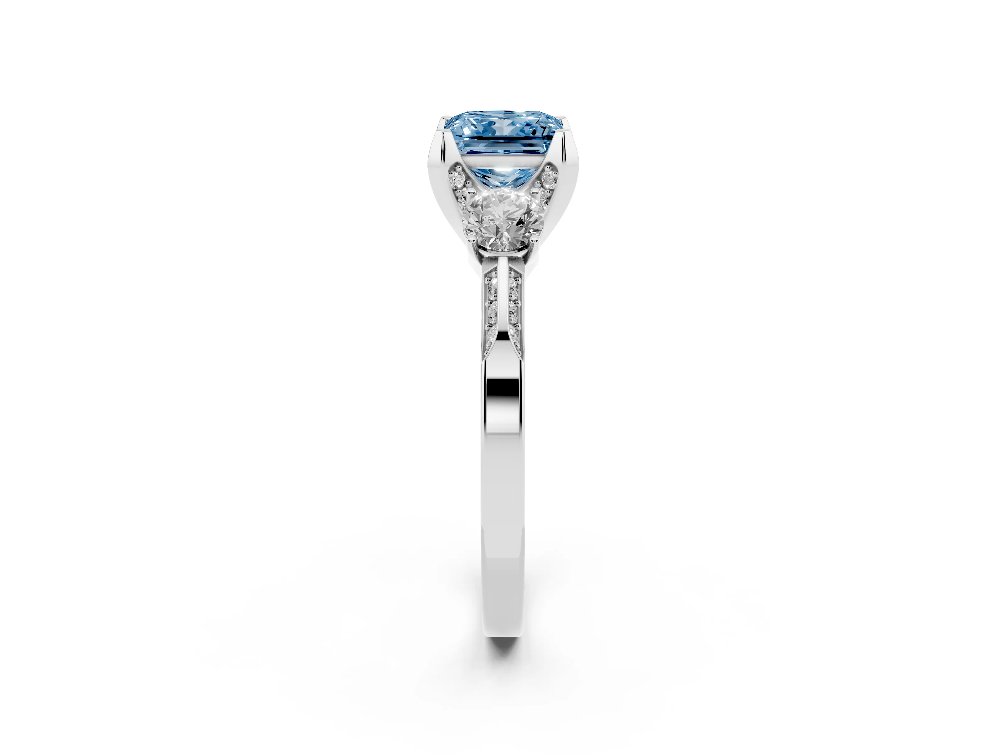 Fancy Blue Princess Cut Diamond Three-Stone Ring Set in White gold with Pavé Band and Smaller Side Stones
