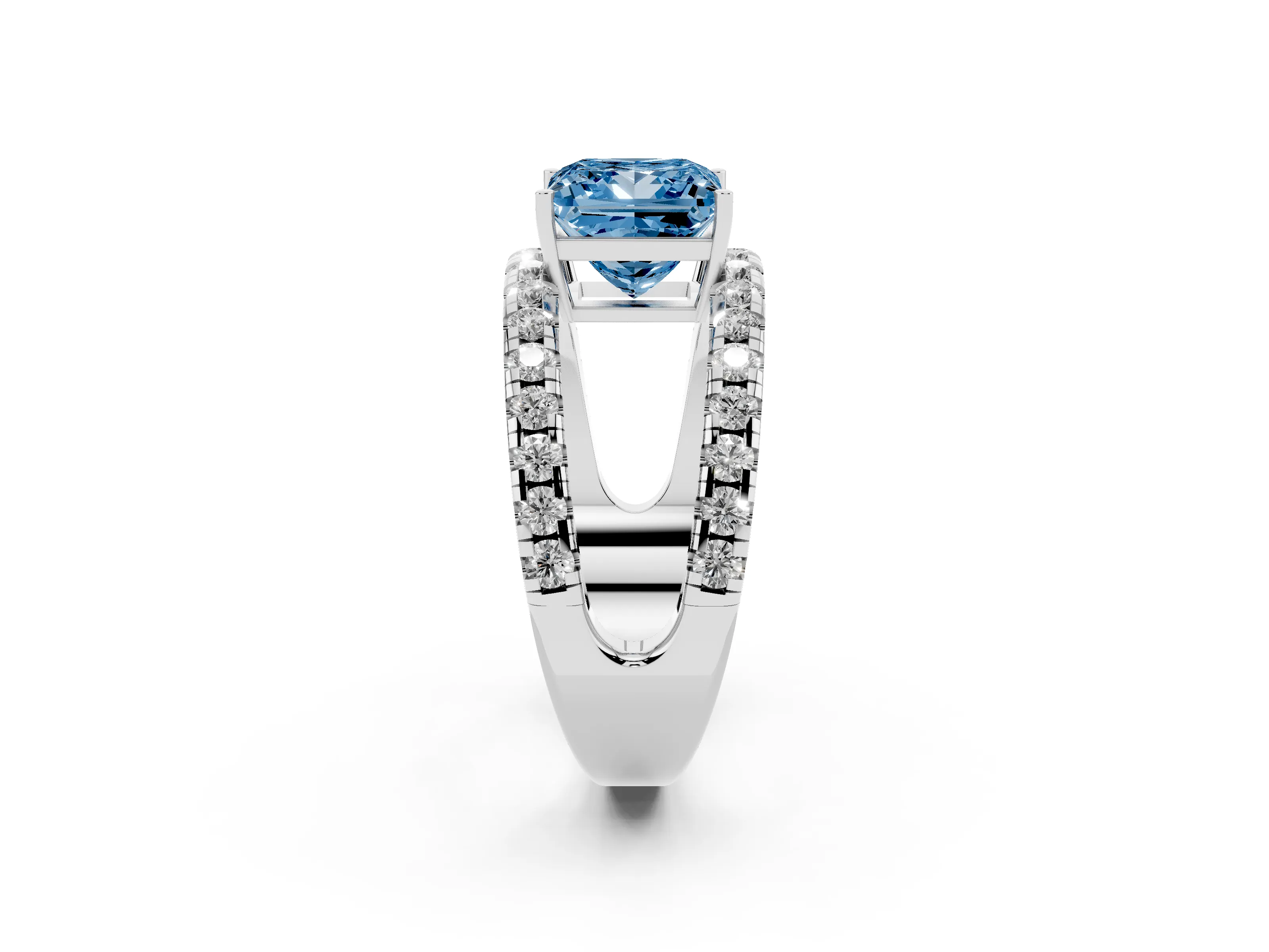 Fancy Blue Princess Cut Diamond Split Shank Pavé Solitaire Ring Set in Silver with Open Shank Design